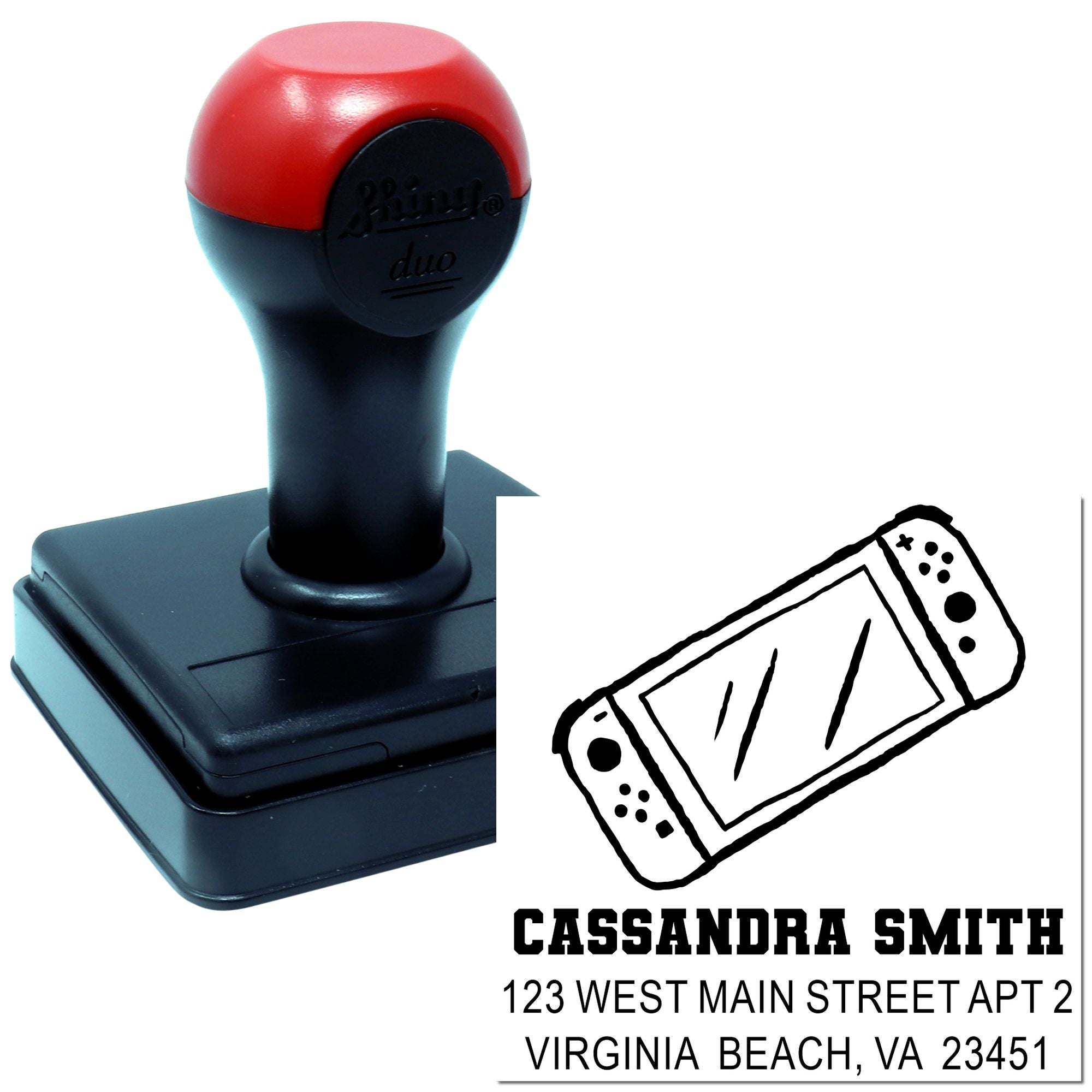 Custom self-inking rubber address stamp with cassette design, personalized name, and return address imprint.