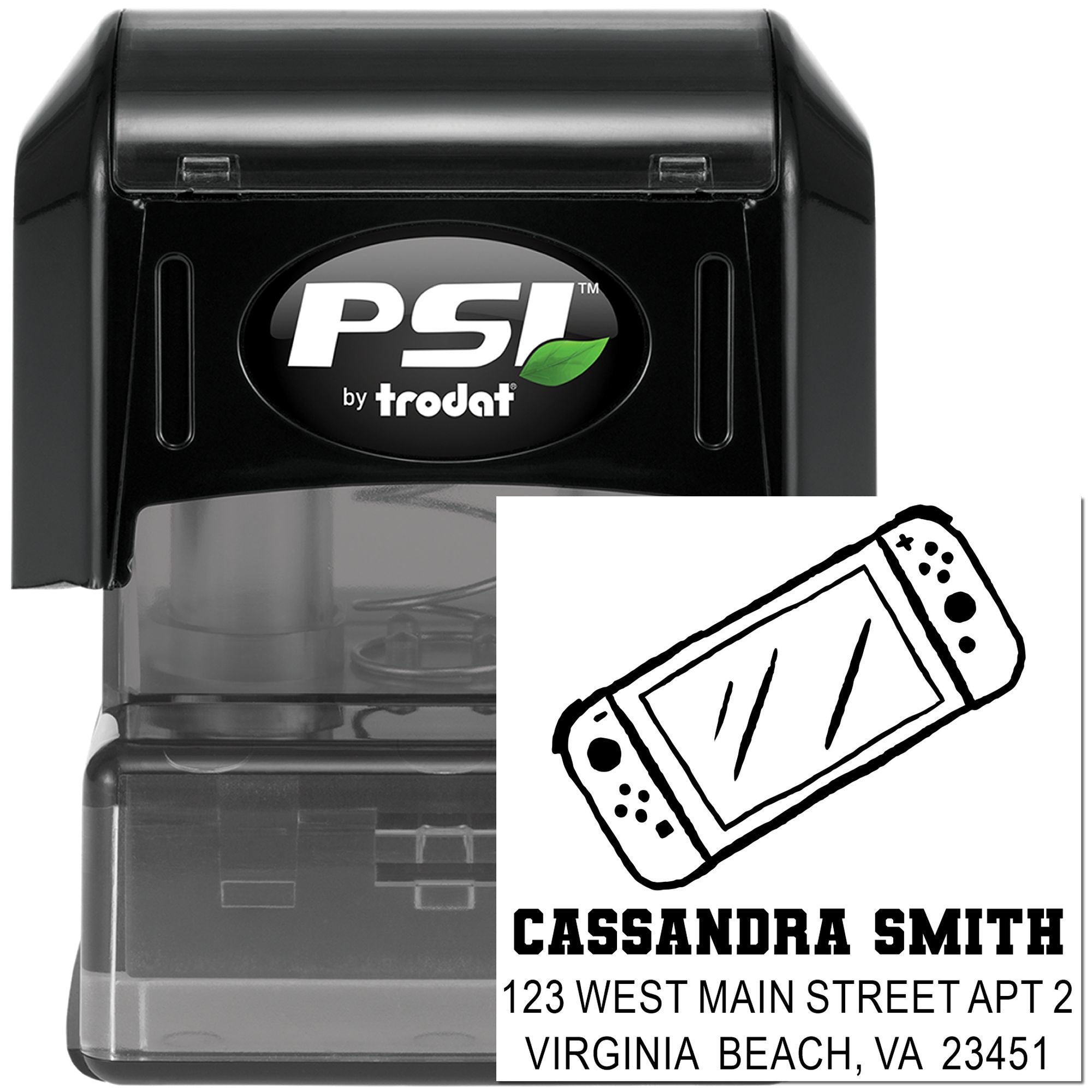 Custom self-inking address rubber stamp by PSI Trodat with roller skate design for Cassandra Smith, Virginia Beach, VA.