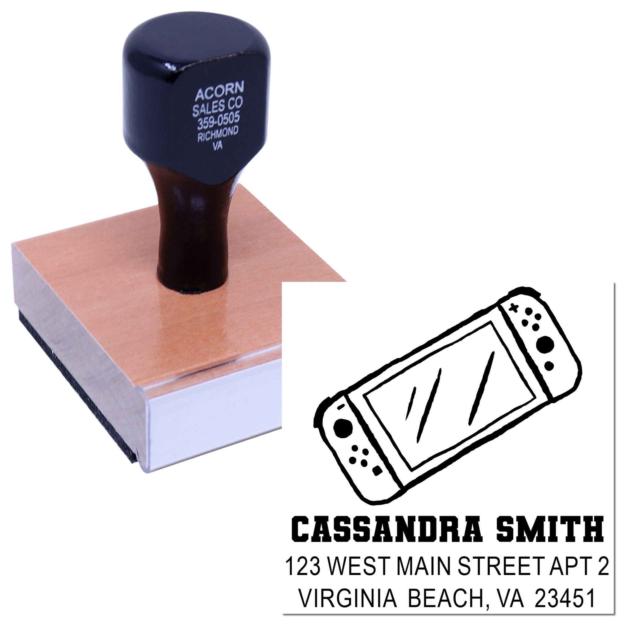 Custom self-inking address rubber stamp for mailing labels, featuring name and Virginia Beach, VA address.