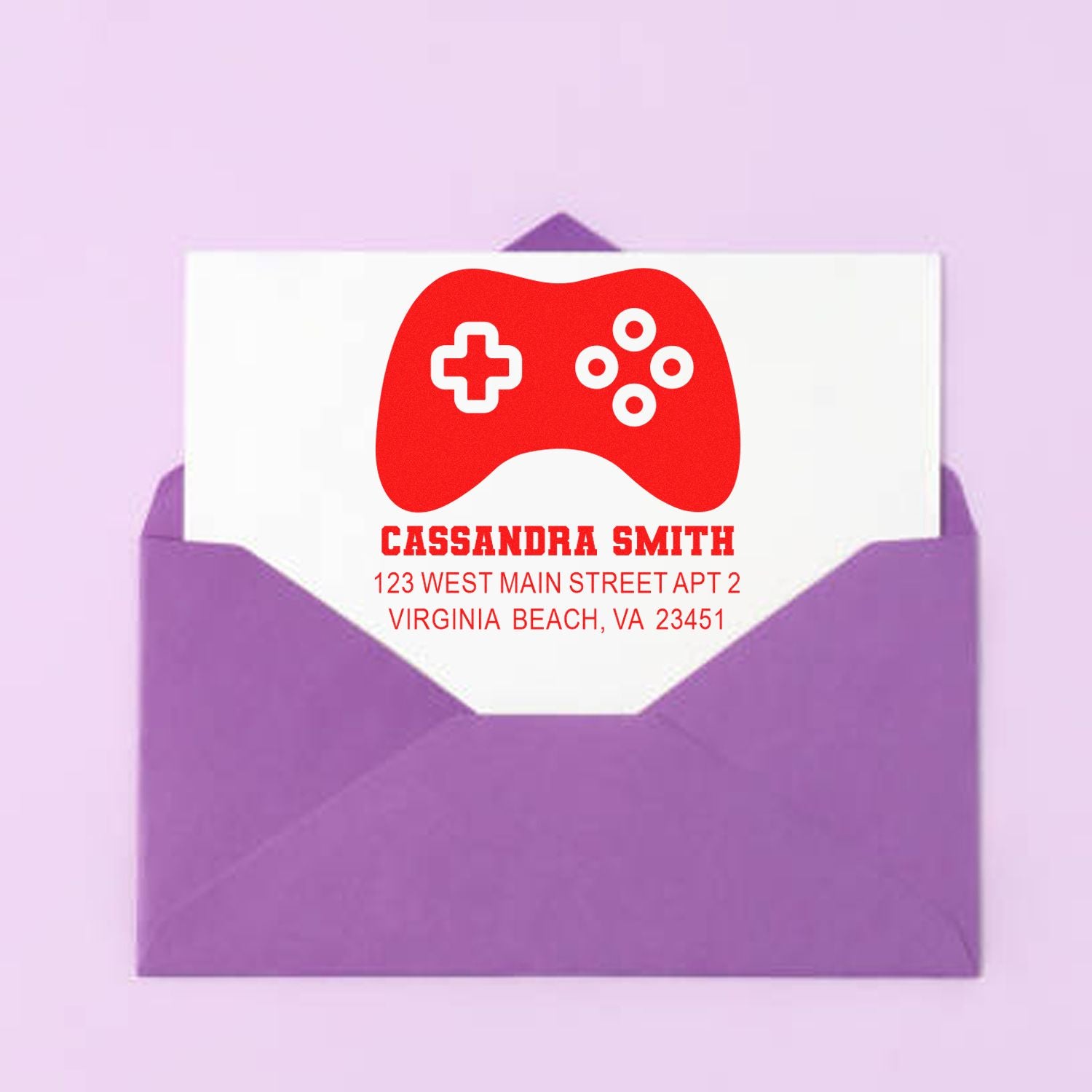 Personalized return address rubber stamp with gamer controller icon for Cassandra Smith, Virginia Beach, VA.