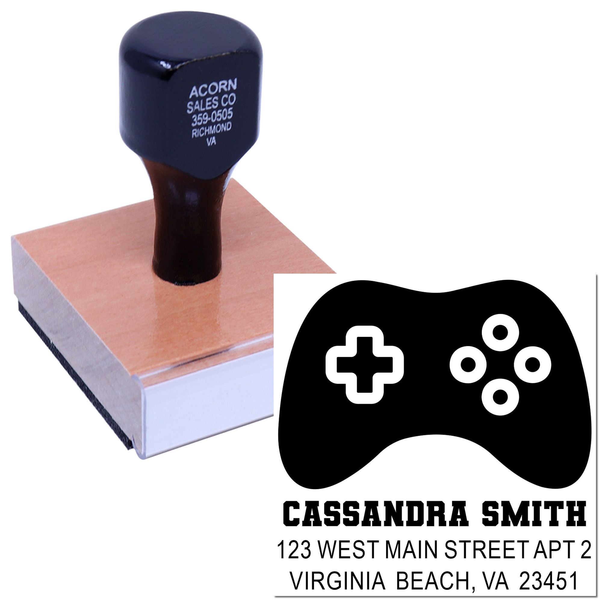 Personalized gamer return address rubber stamp with controller icon for envelopes, labels, and stationery.