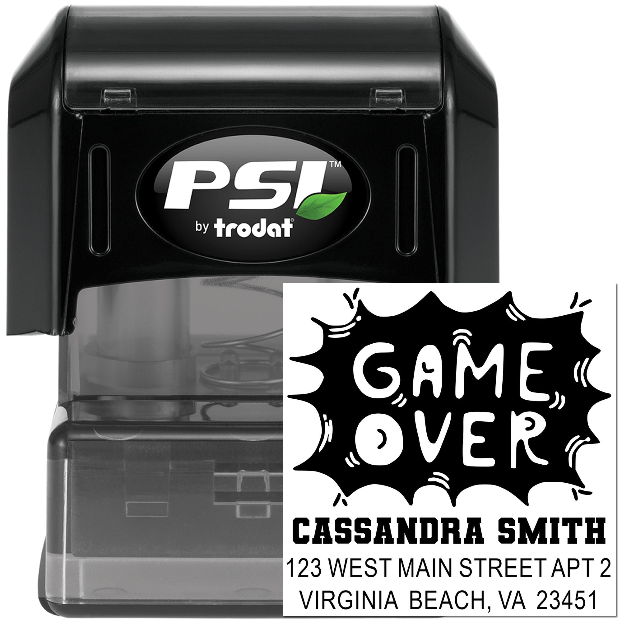PSI by Trodat self-inking custom address stamp with Game Over design for personalized mailing labels