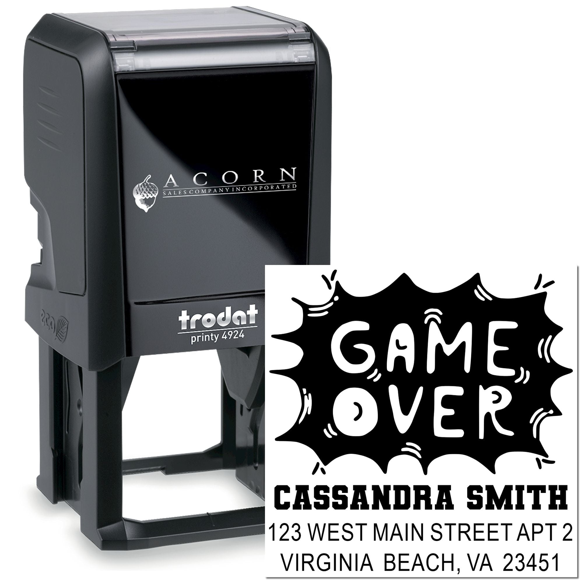 Custom self-inking rubber stamp with Game Over design and return address, shown in Trodat Printy 4924 stamp body.