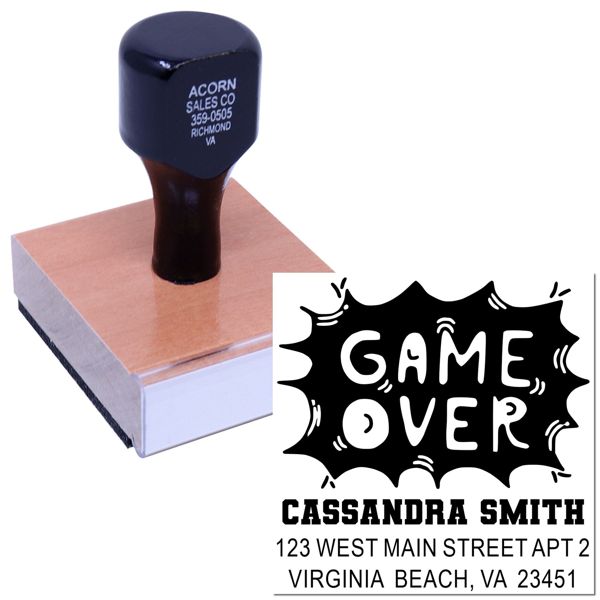 Self-inking custom rubber stamp with Game Over design and personalized name and address for mailing or branding.