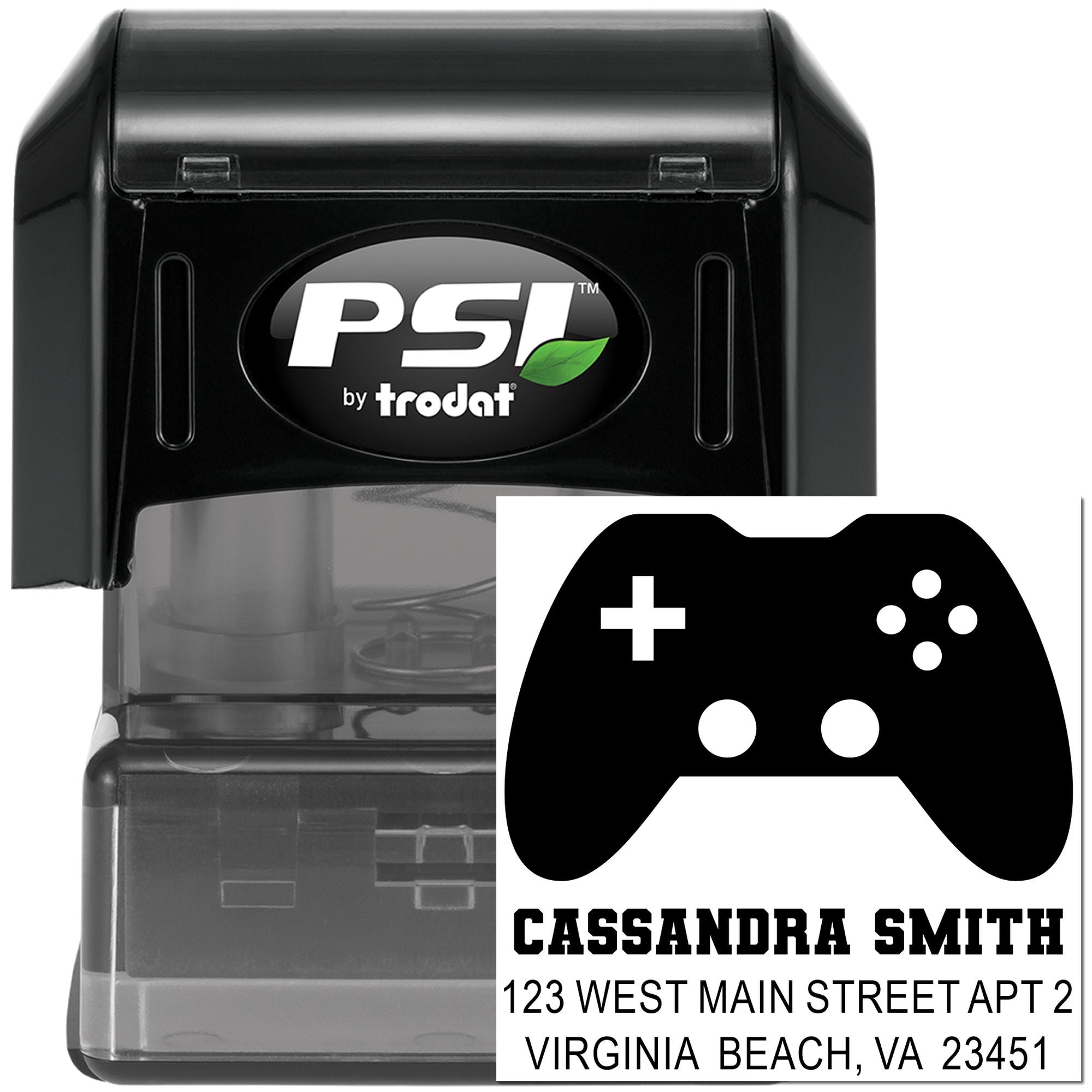 Custom self-inking gamer address stamp with controller icon for personalized return addresses and mail labeling.