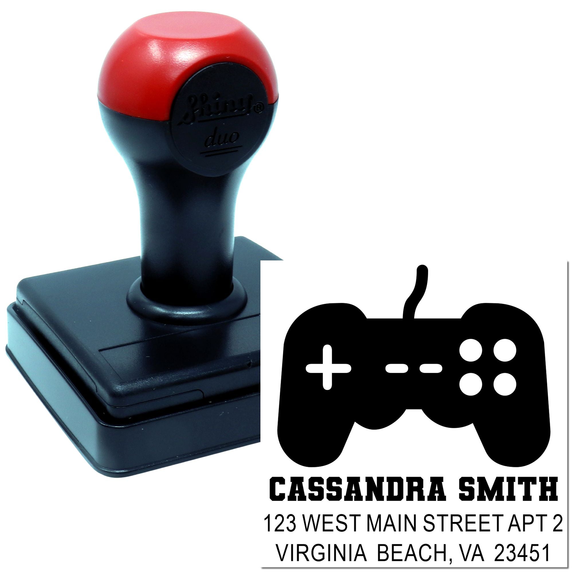 Custom self-inking gamer address stamp with game controller design and Virginia Beach return address