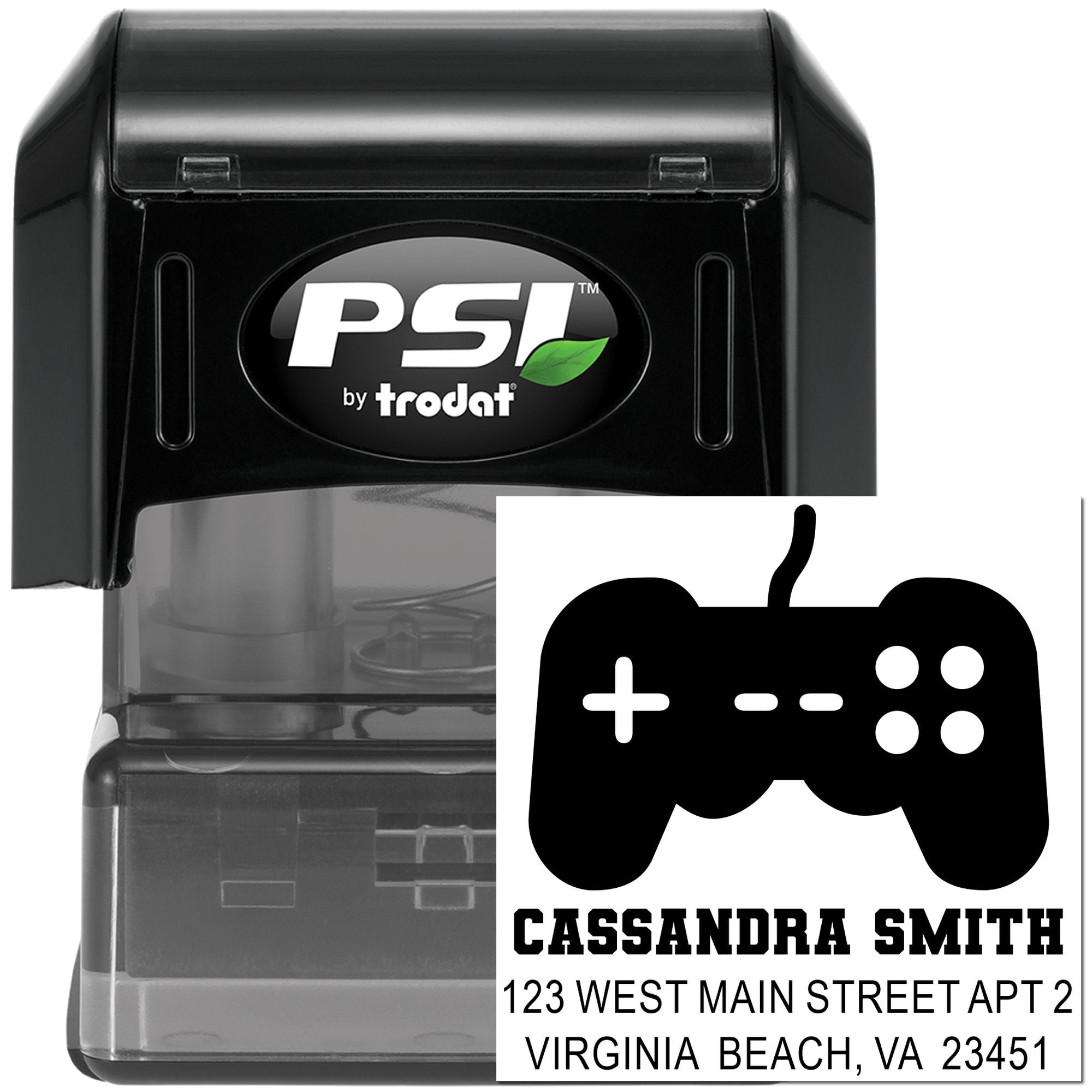 Custom self-inking rubber address stamp with gaming controller design, PSI by Trodat, ideal for personalized mailing.