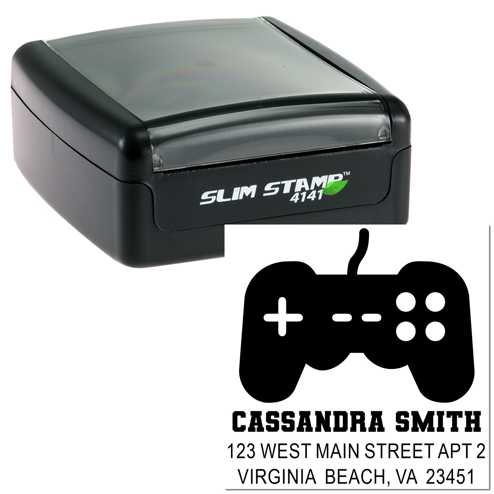 Custom self-inking rubber stamp for address labels with game controller design, name, and mailing address.