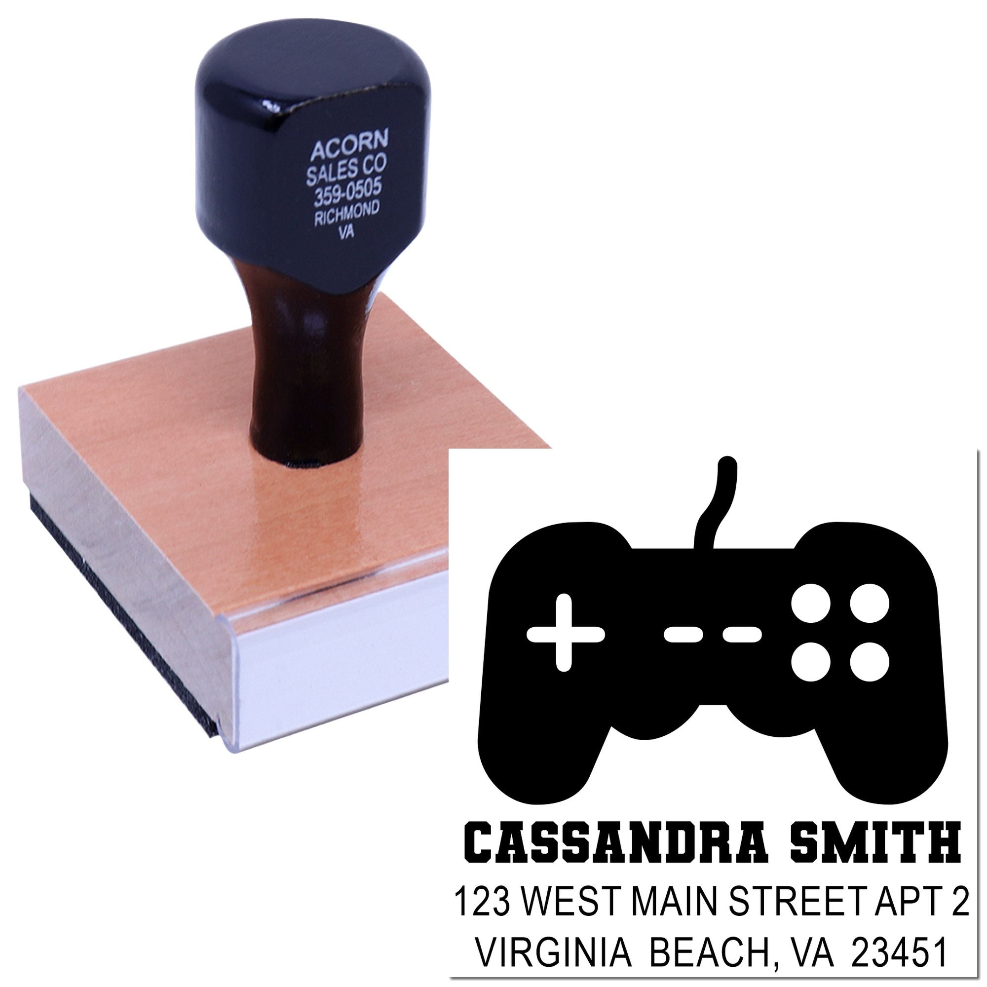 Custom rubber address stamp with game controller icon for personalized return addresses on envelopes and mail.