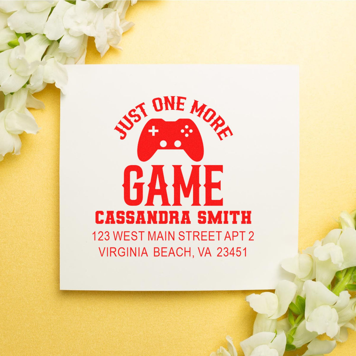 Custom gamer return address rubber stamp with Just One More Game controller design for Cassandra Smith