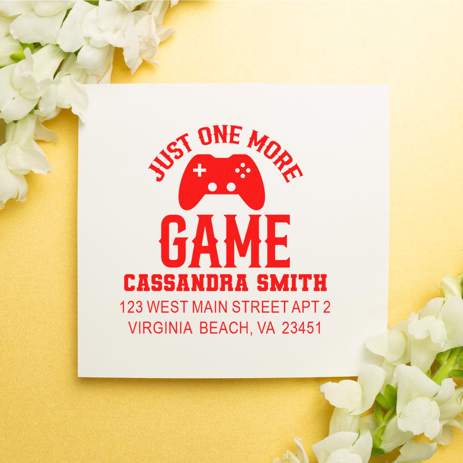 Custom gamer return address rubber stamp with game controller design for Cassandra Smith, Virginia Beach, VA.