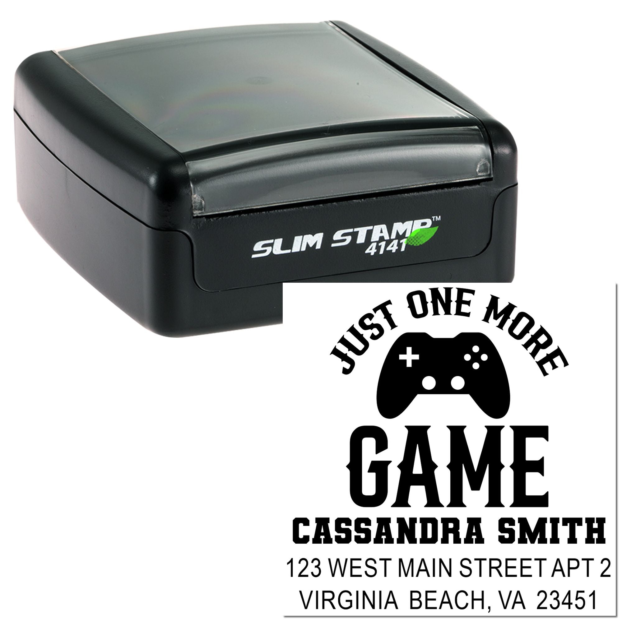 Slim Stamp 4141 custom self-inking rubber stamp with gamer logo, name, and address for personalized mail.