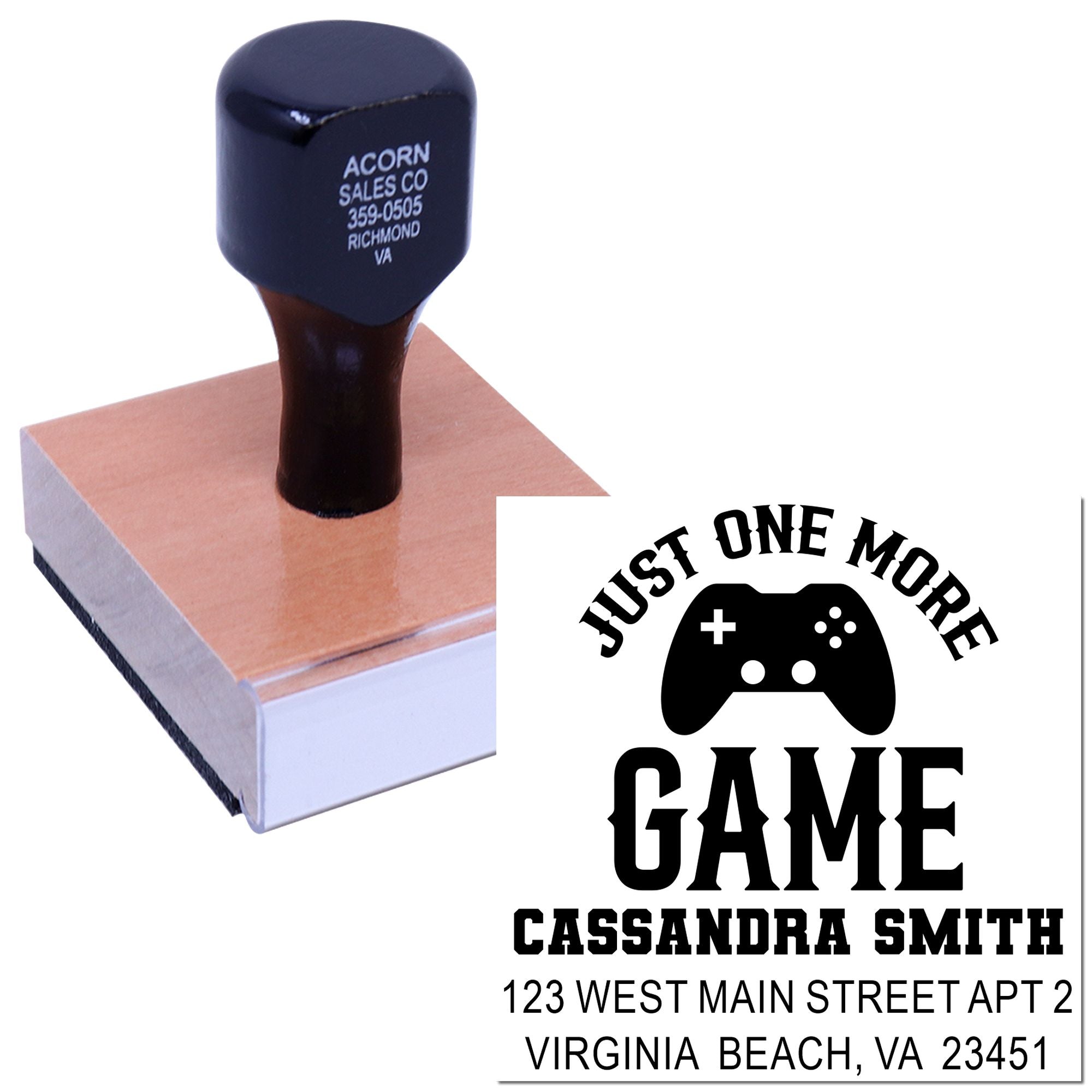 Custom gamer address rubber stamp with Just One More Game controller design and personalized name and address.