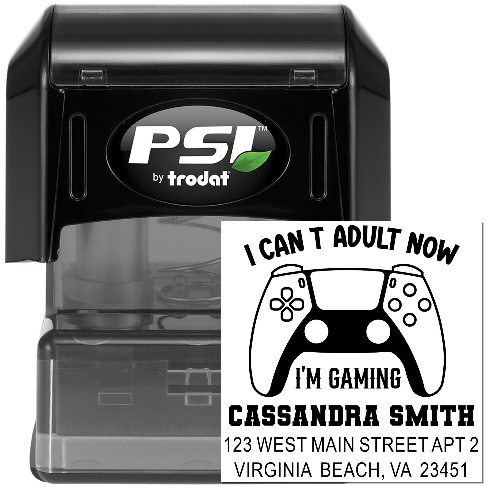 PSI by Trodat custom gamer self-inking address rubber stamp with controller design and gaming slogan.