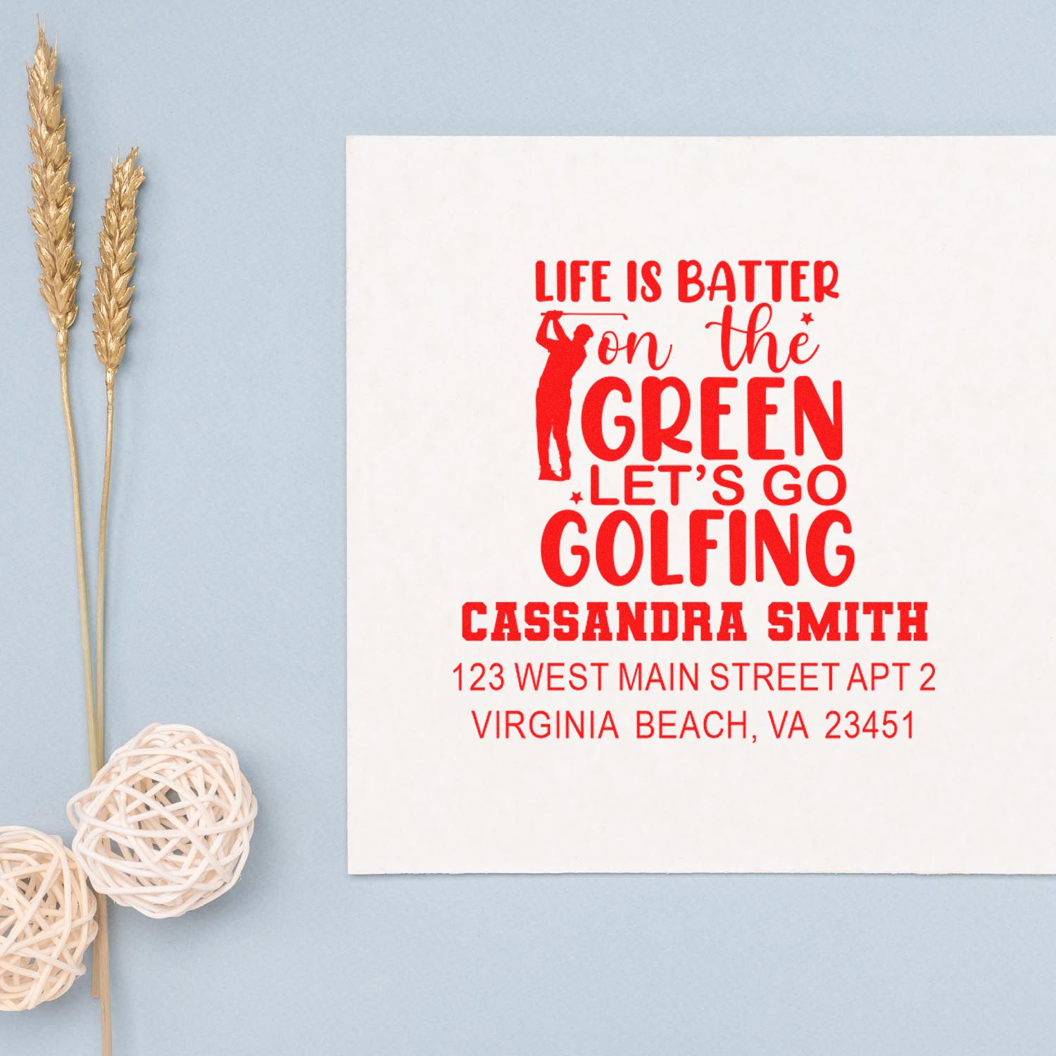 Golf-themed custom return address rubber stamp with golfer silhouette and Life Is Better on the Green design.