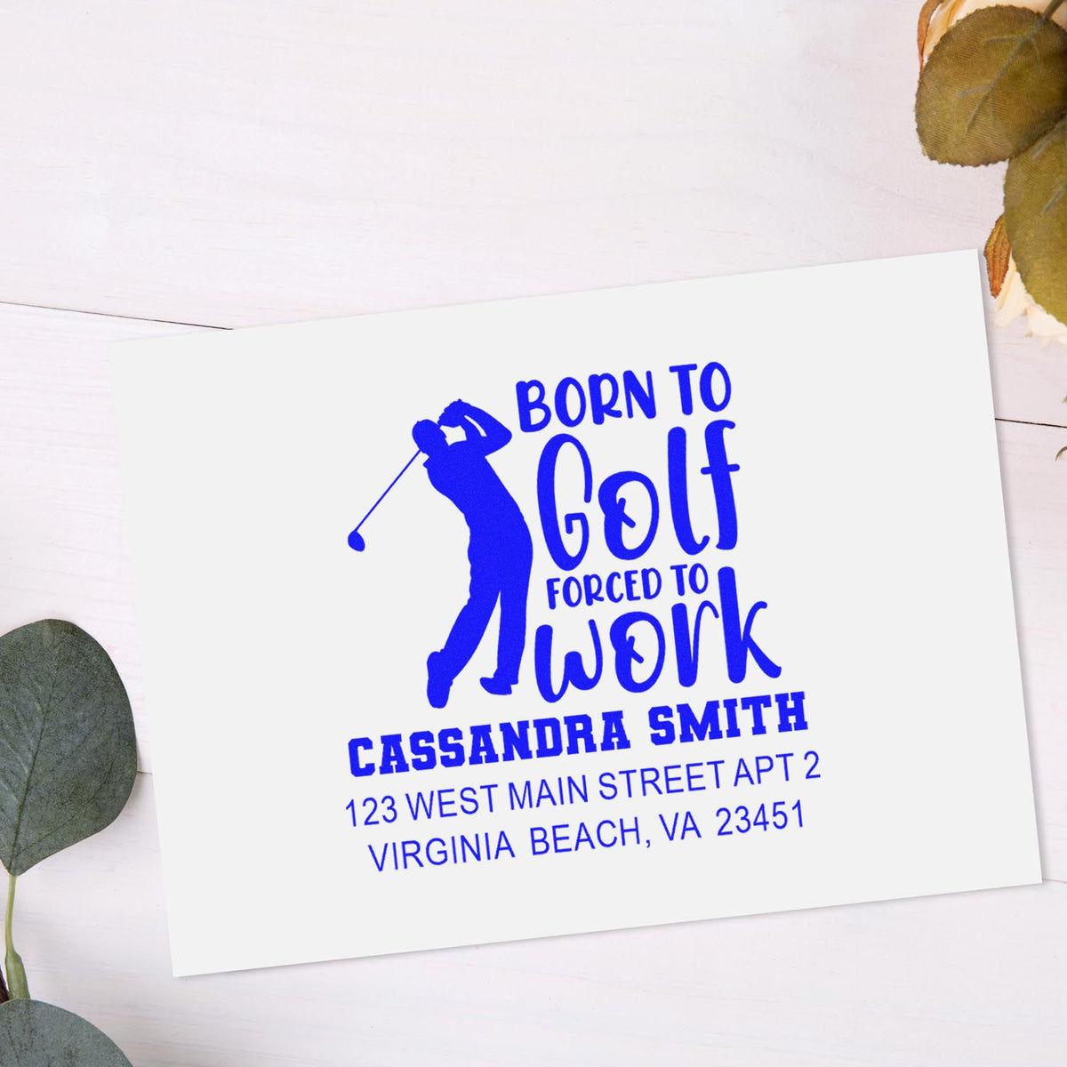 Personalized golf rubber stamp with golfer silhouette, custom name, and return address for stationery and mailings.