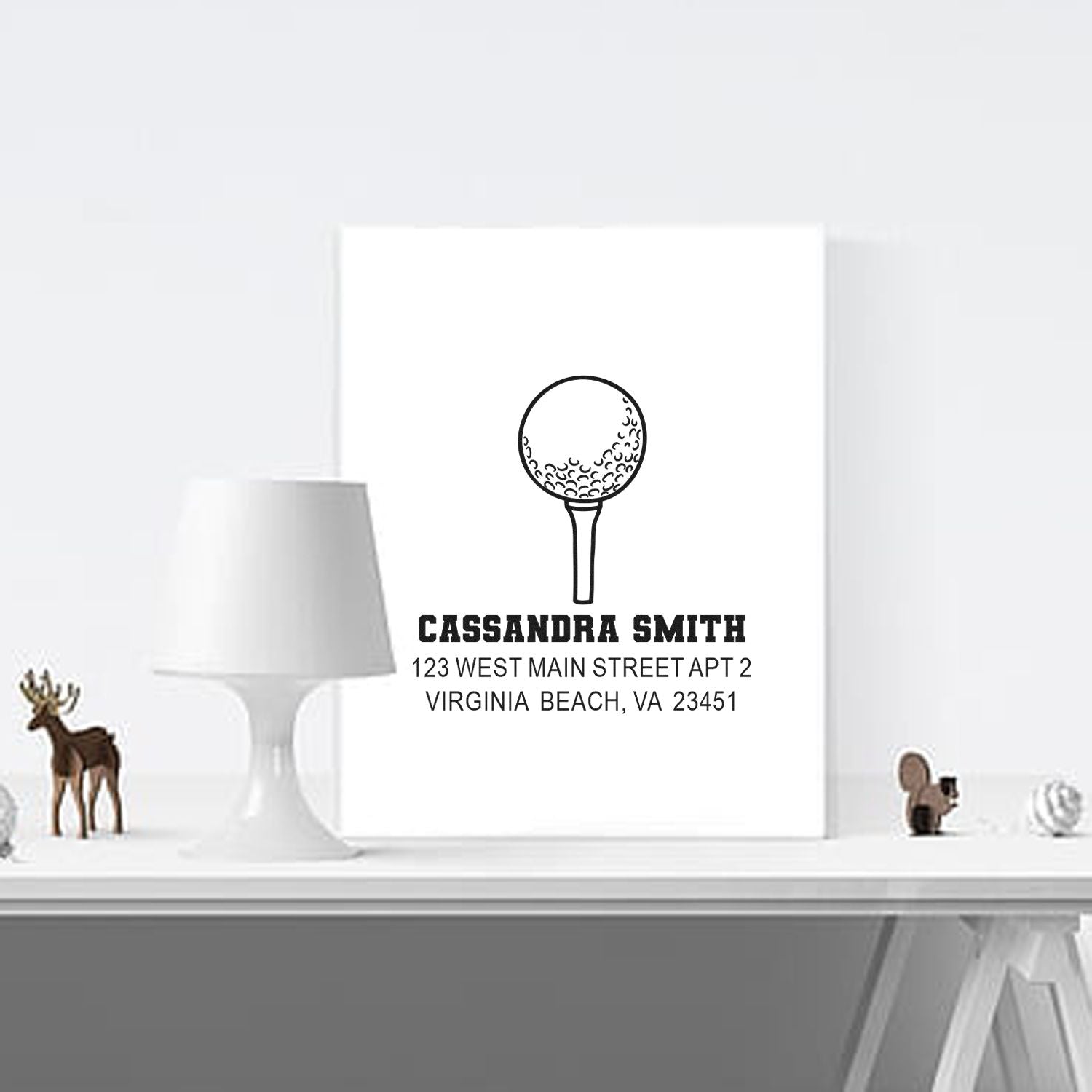 Personalized golf return address rubber stamp for Cassandra Smith with custom name and Virginia Beach address.