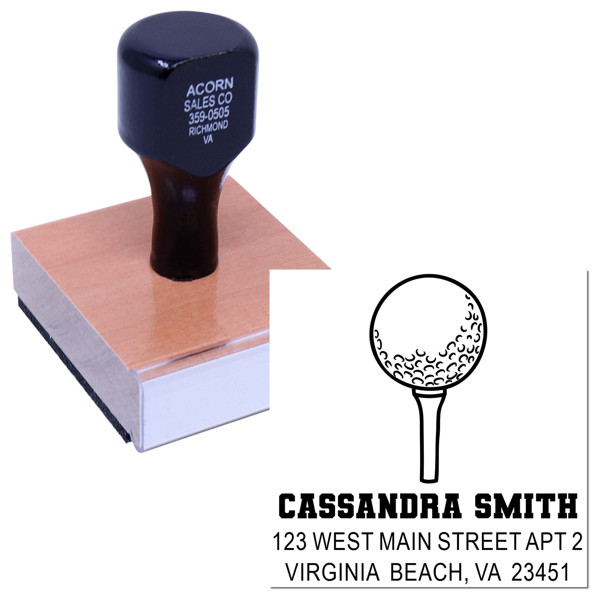 Custom golf ball address rubber stamp with personalized name and mailing address for clubs, tournaments, and gifts