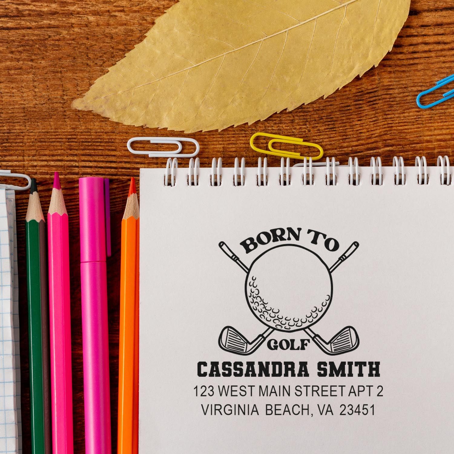 Custom golf return address rubber stamp with name and address for stationery, invitations, and gift packaging.