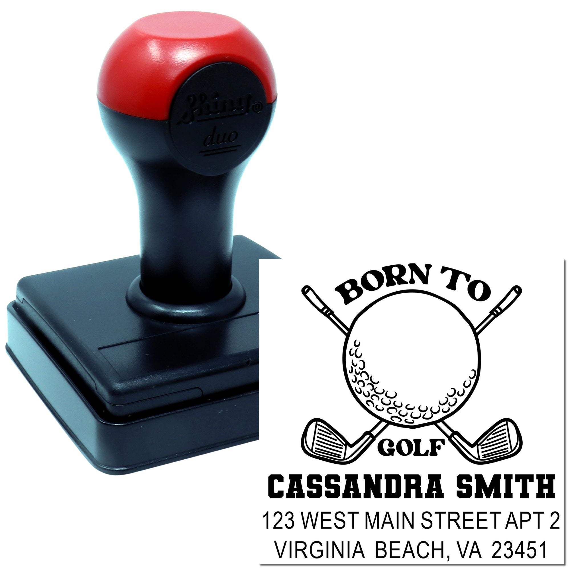 Custom self-inking rubber stamp for golf lovers with Born to Golf design, name, and address.