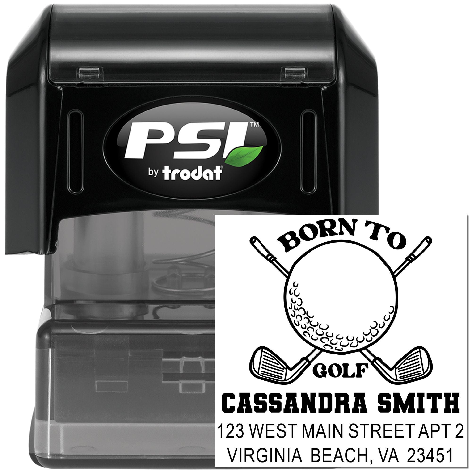 Personalized self-inking golf address rubber stamp by PSI Trodat with Born to Golf design, name, and address
