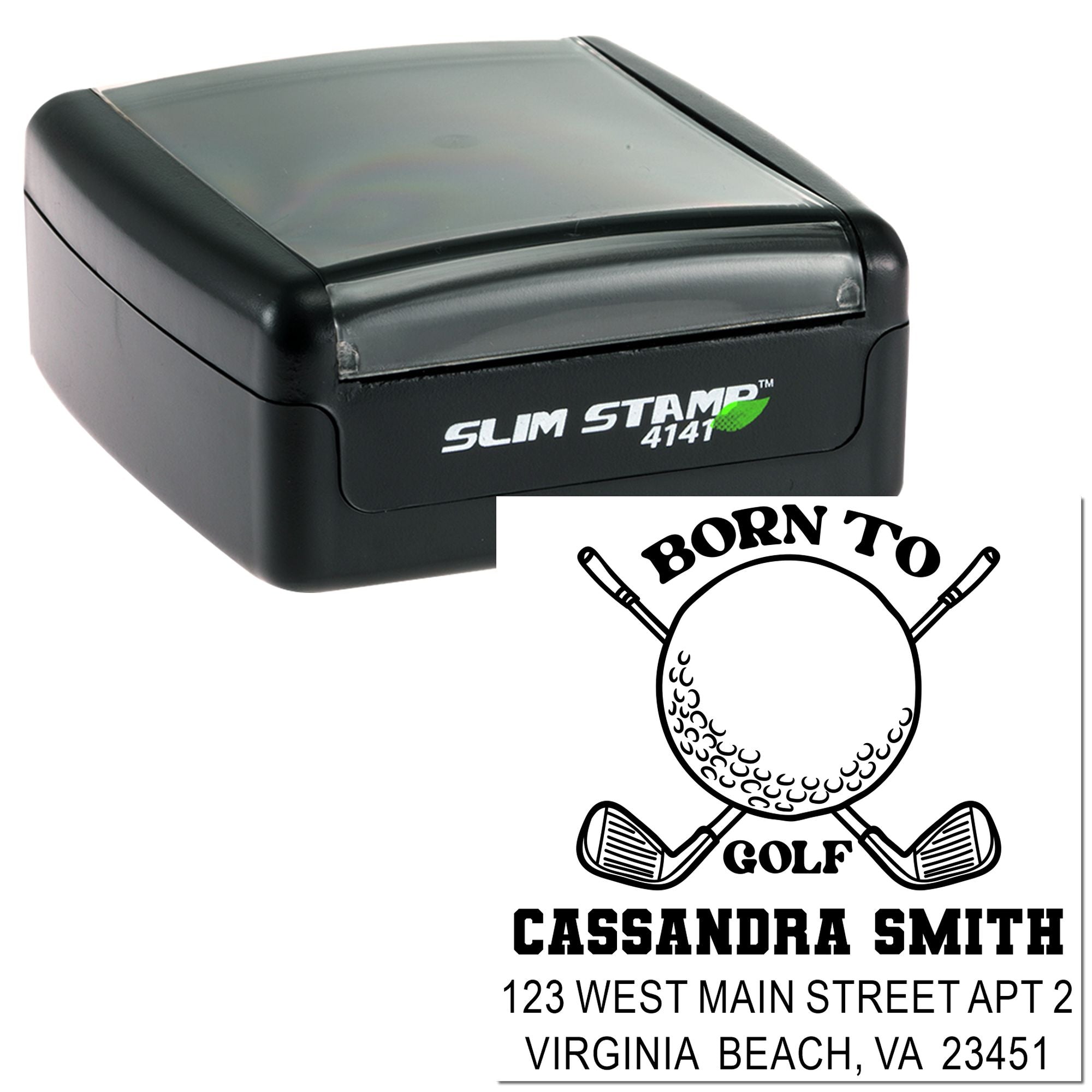 Custom self-inking rubber stamp with personalized golf address design, name, and mailing address for stamping envelopes.