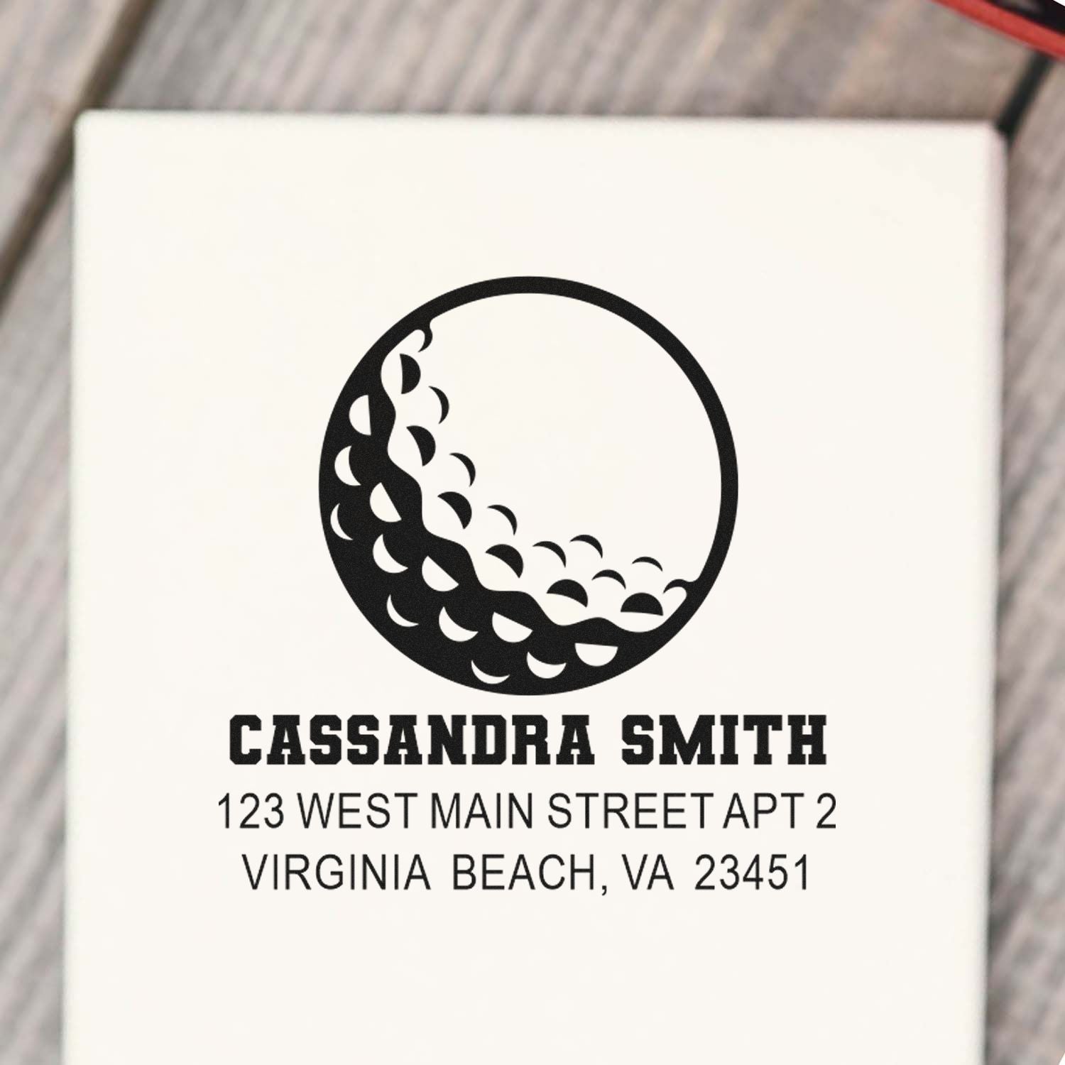 Personalized rubber return address stamp with moon logo, Cassandra Smith name, and Virginia Beach, VA address.