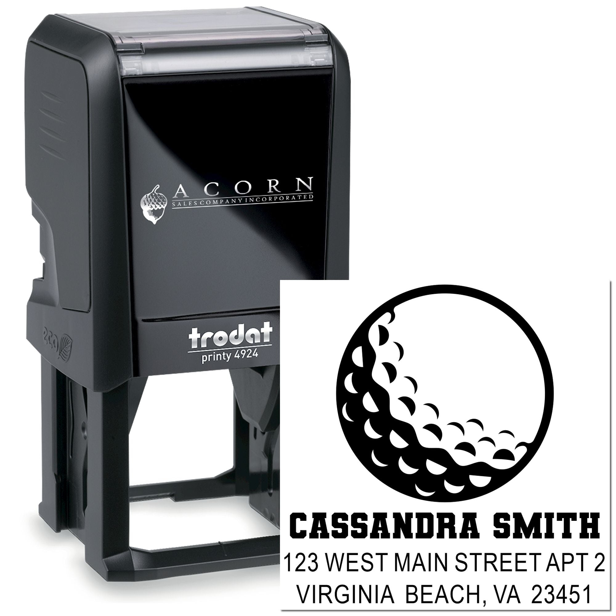 Custom self-inking rubber address stamp with acorn logo, name, and Virginia Beach address for business mailing and branding.