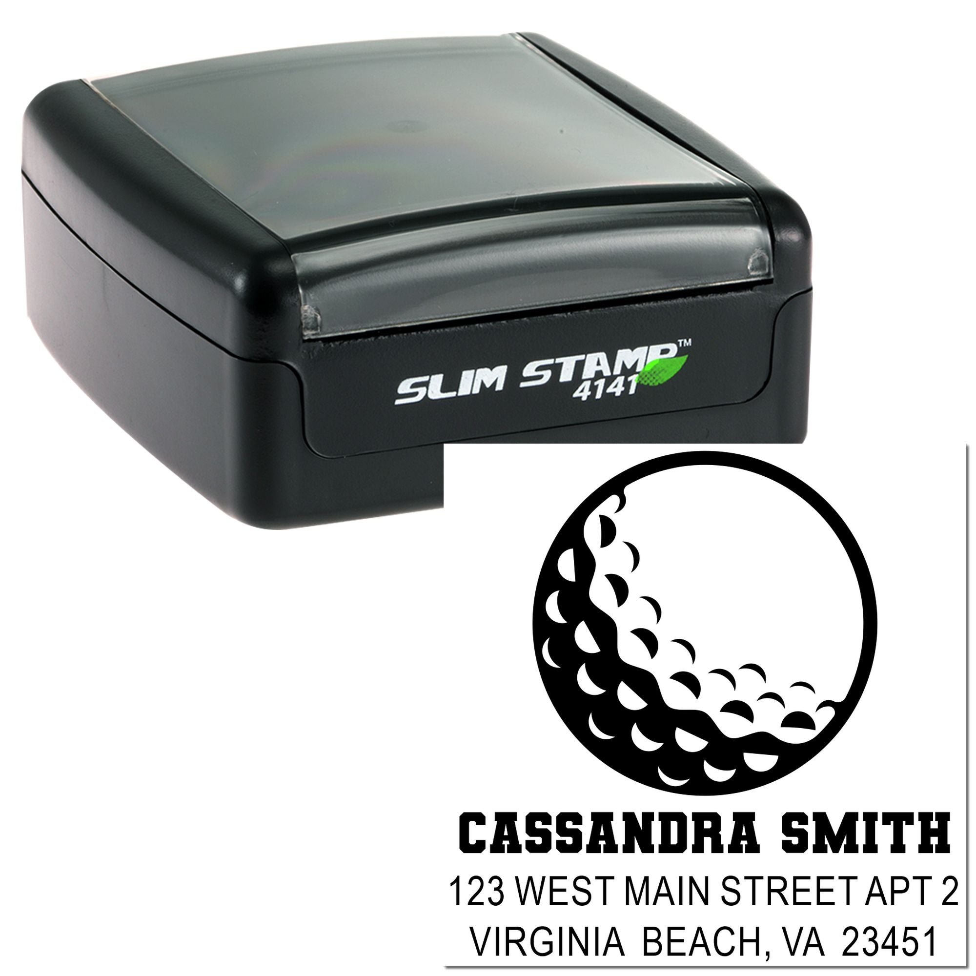 Slim Stamp 4141 self-inking custom rubber stamp with return address imprint for Cassandra Smith in Virginia Beach, VA.