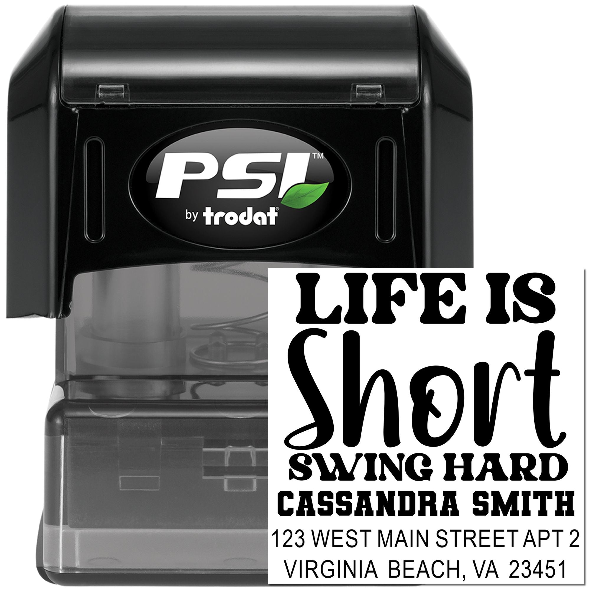 PSI by Trodat self-inking address stamp with custom quote, name, and mailing details for business branding and envelopes.