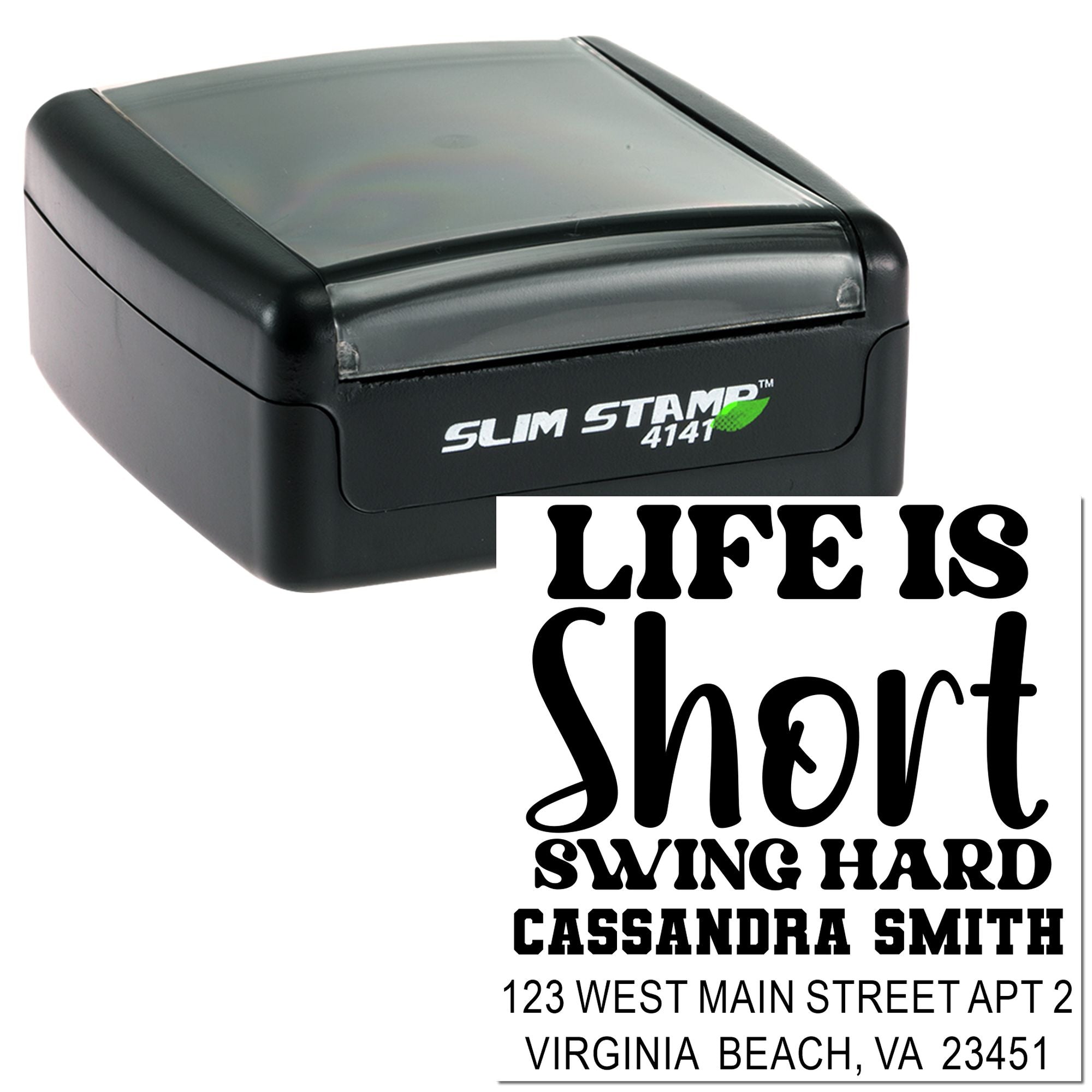 Custom self-inking rubber stamp with personalized name, slogan, and address for mailing, business, or crafts.