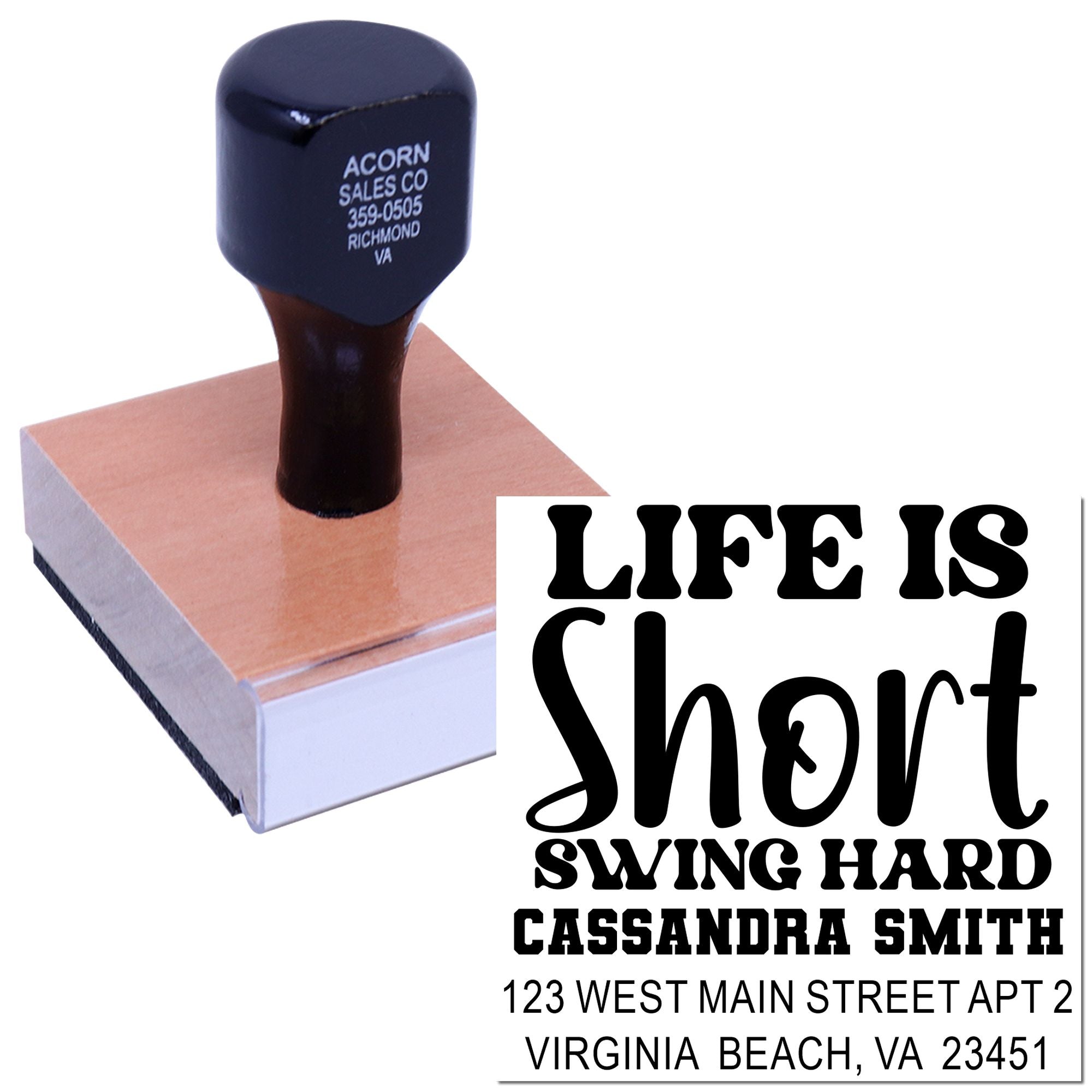 Custom rubber address stamp with Life Is Short design, self-inking style, and Virginia Beach return address imprint.