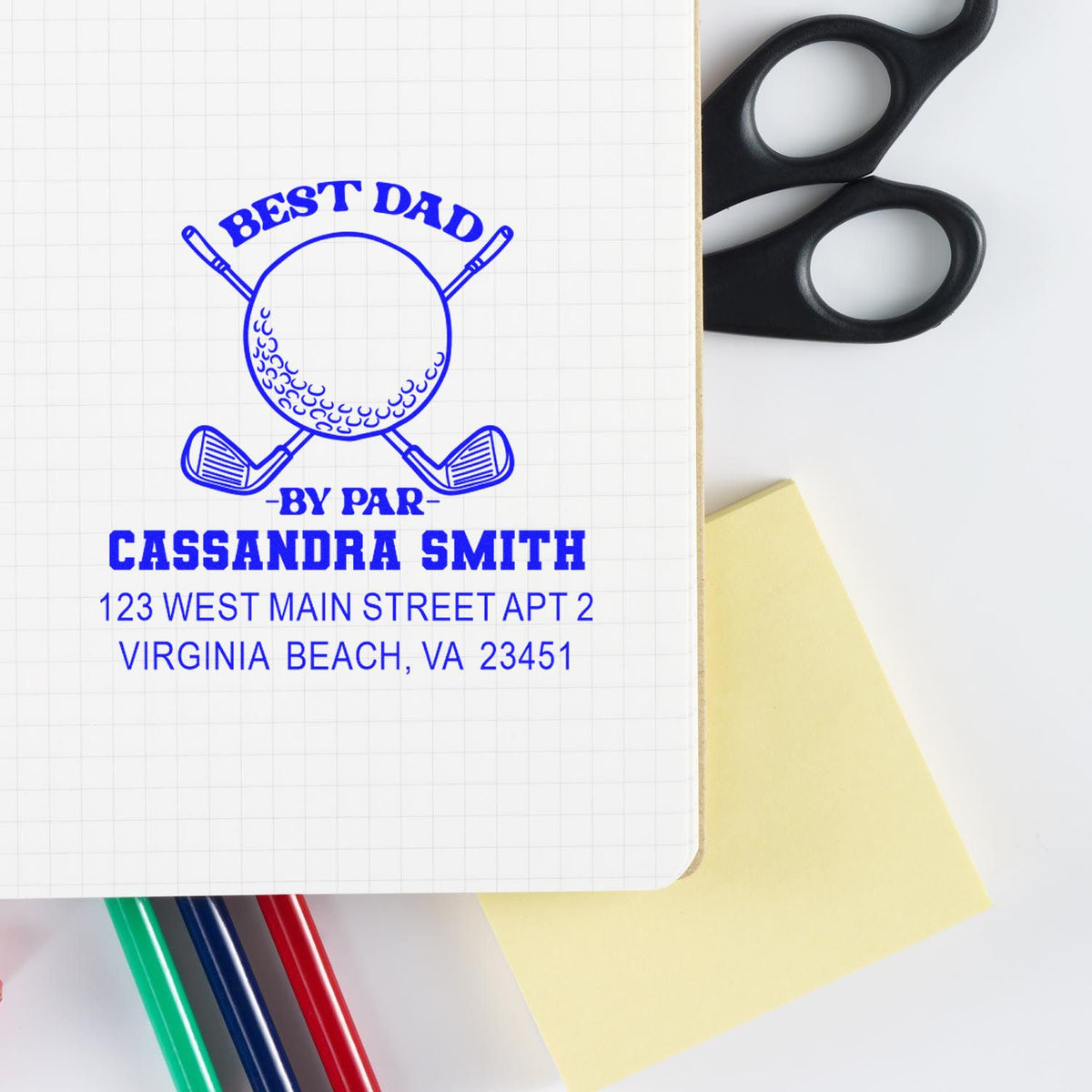 Personalized golf address rubber stamp with Best Dad by Par design, custom name and return address for Virginia Beach.