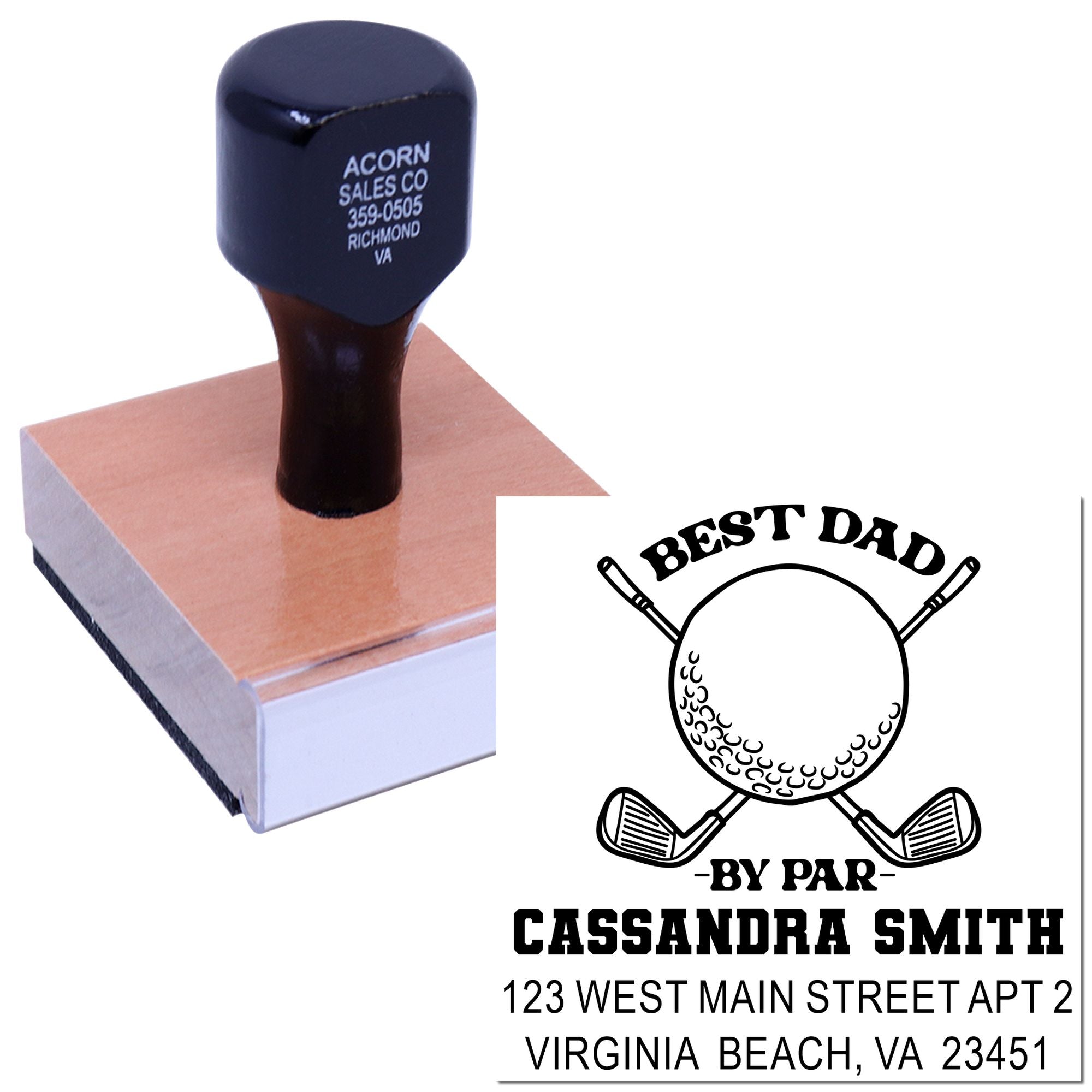 Personalized self-inking rubber stamp with golf-themed Best Dad design, name, and return address.
