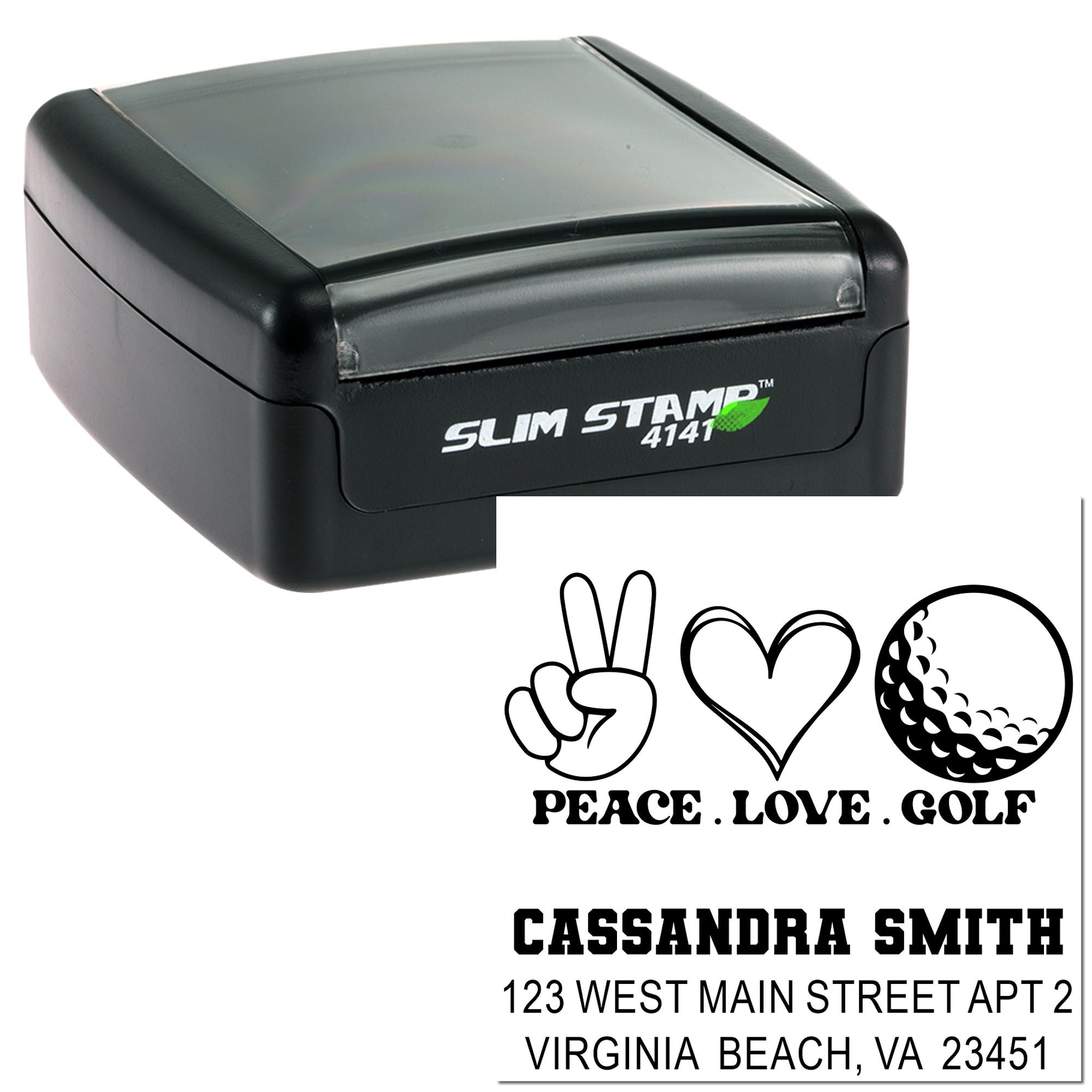 Custom self-inking slim rubber address stamp with Peace Love Golf design and return address imprint.