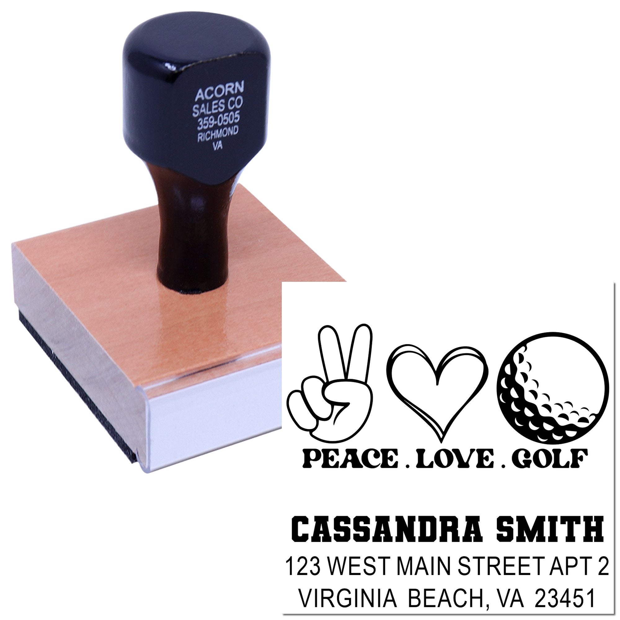 Custom rubber stamp with peace love golf design and return address for Cassandra Smith, Virginia Beach, VA.