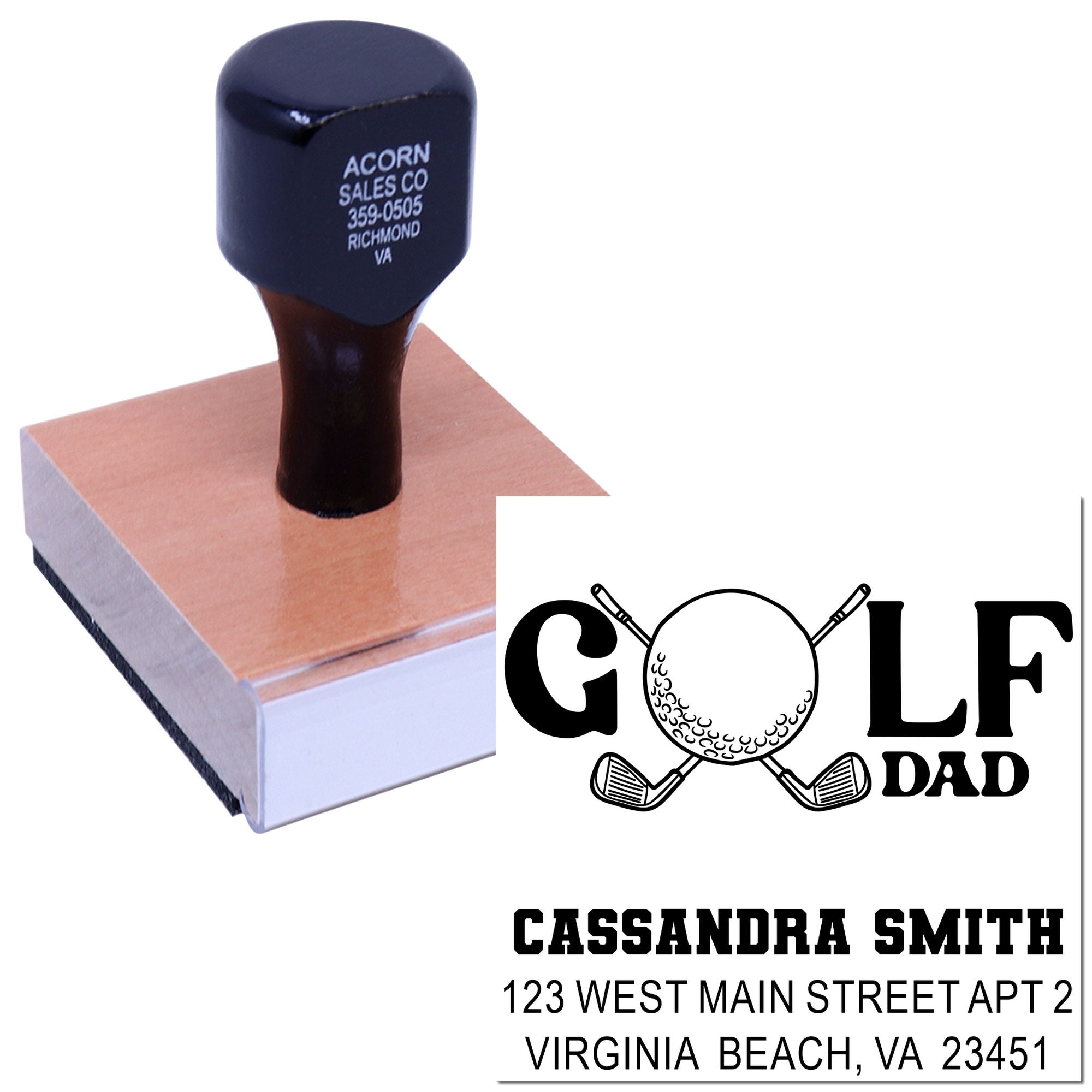 Custom golf dad address rubber stamp with golfer design, name, and mailing address for personalized mailings.