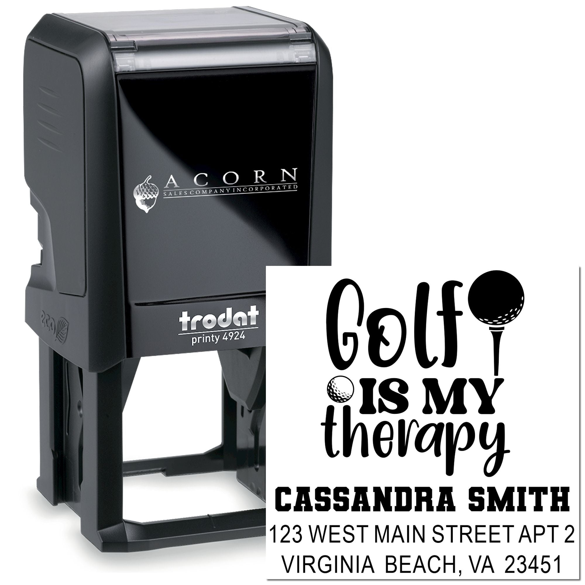 Custom self-inking rubber stamp with Golf Is My Therapy design, name, and address for personalized golf branding.