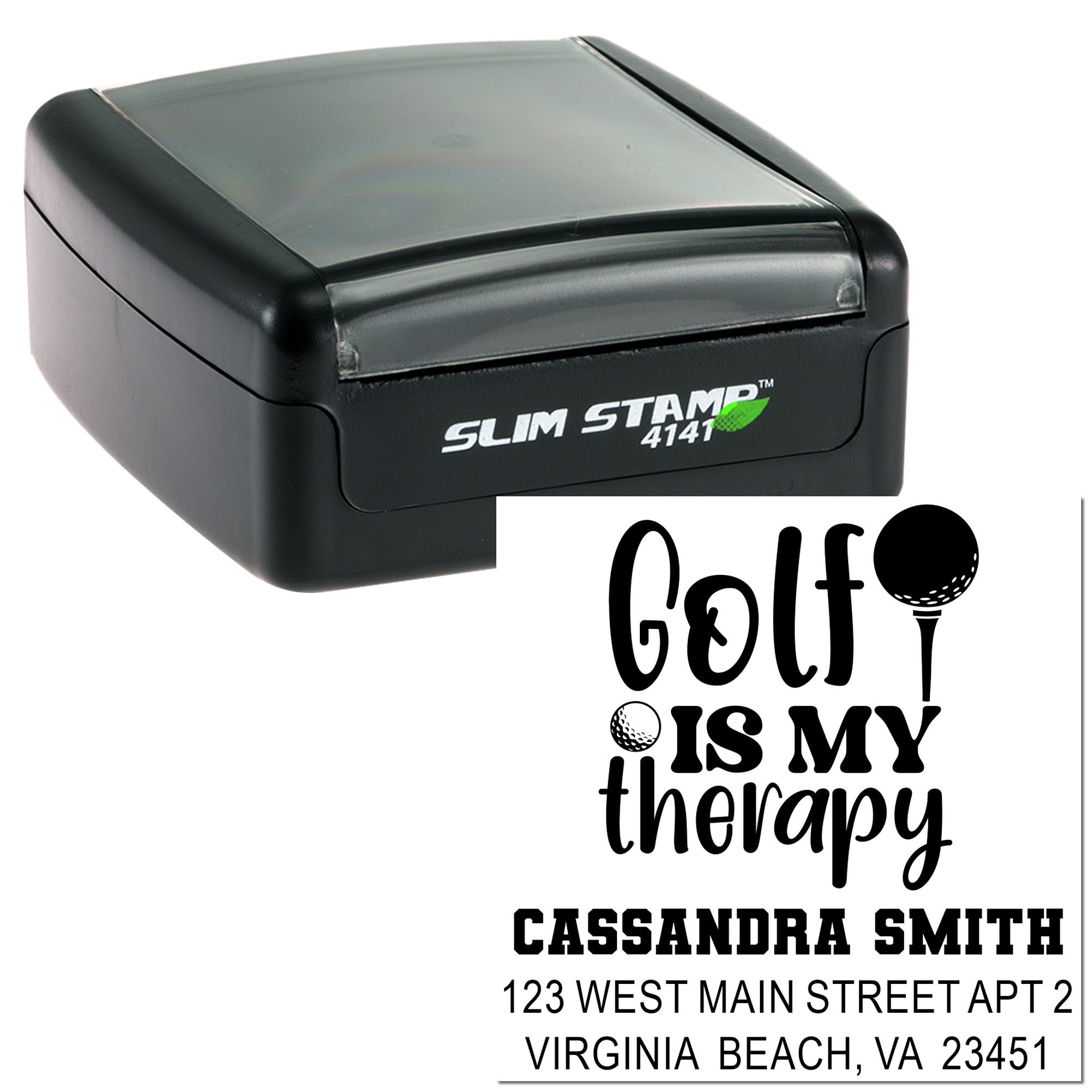 Custom golf is my therapy self-inking rubber stamp with name and address for personalized mailing and golf gifts.