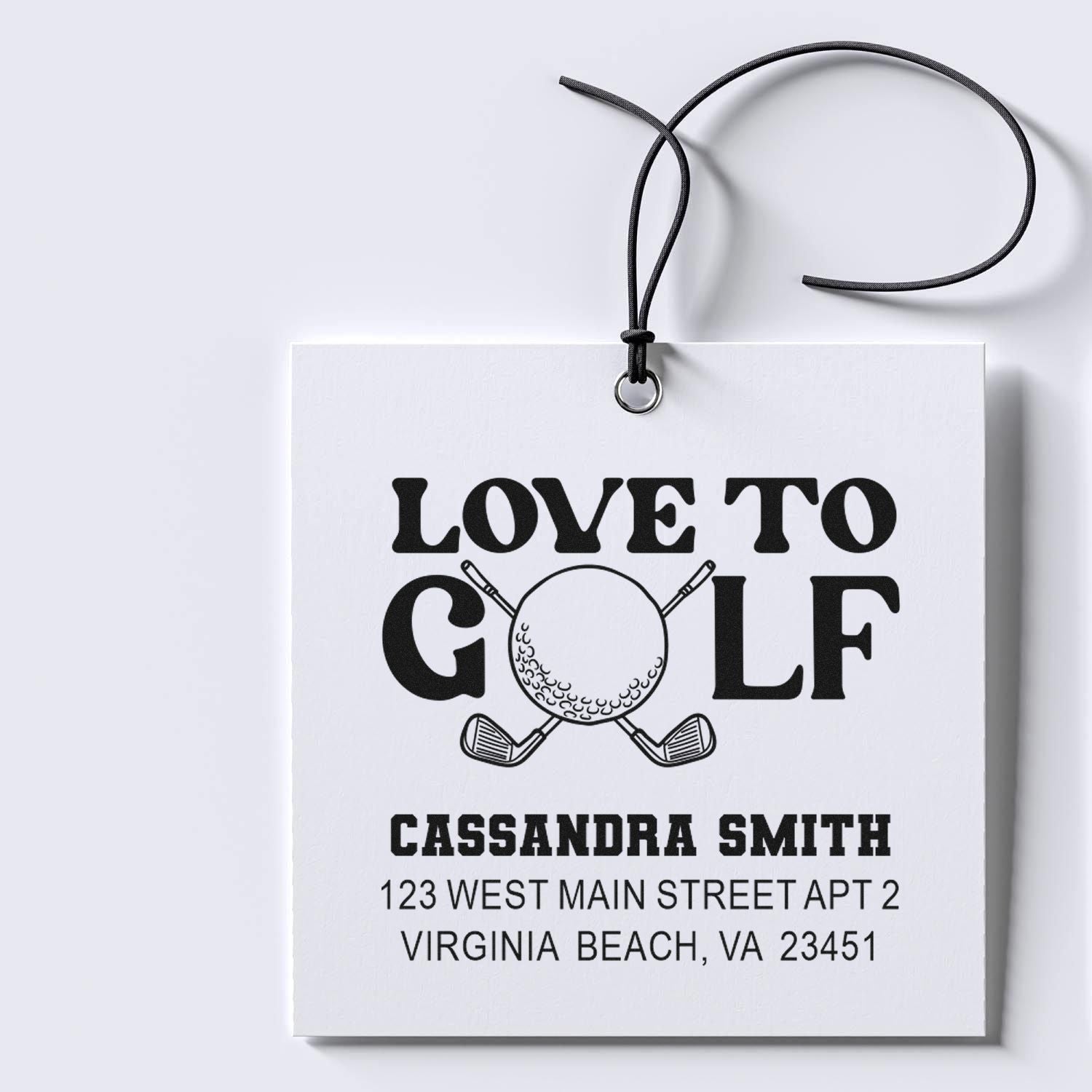 Custom Love to Golf rubber stamp with golfer design, personalized name, and address for golf-themed gifts.