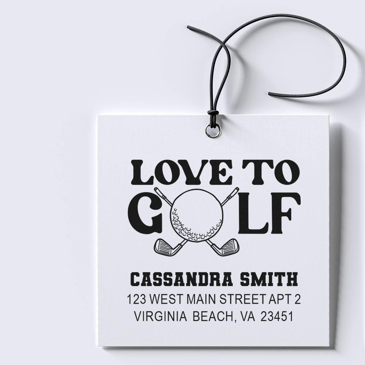 Custom Love to Golf rubber stamp with golfer graphic, personalized name, and return address for gift tags.