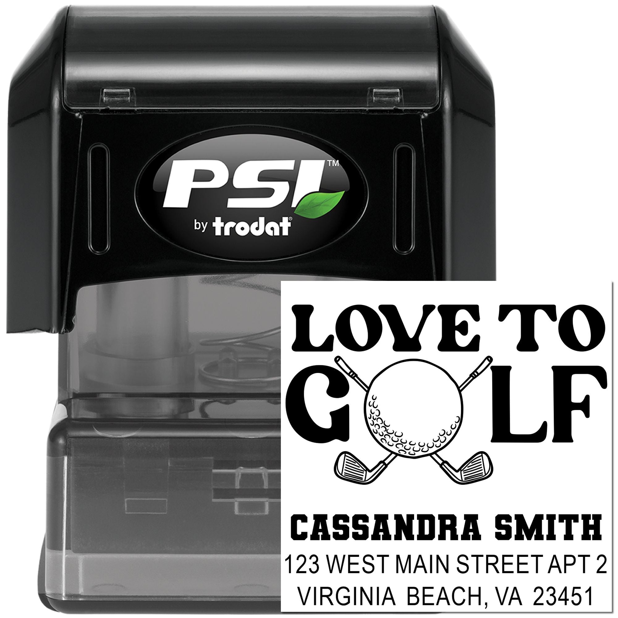 Personalized golf address rubber stamp with self-inking PSI by Trodat, featuring Love to Golf design, name, and address.