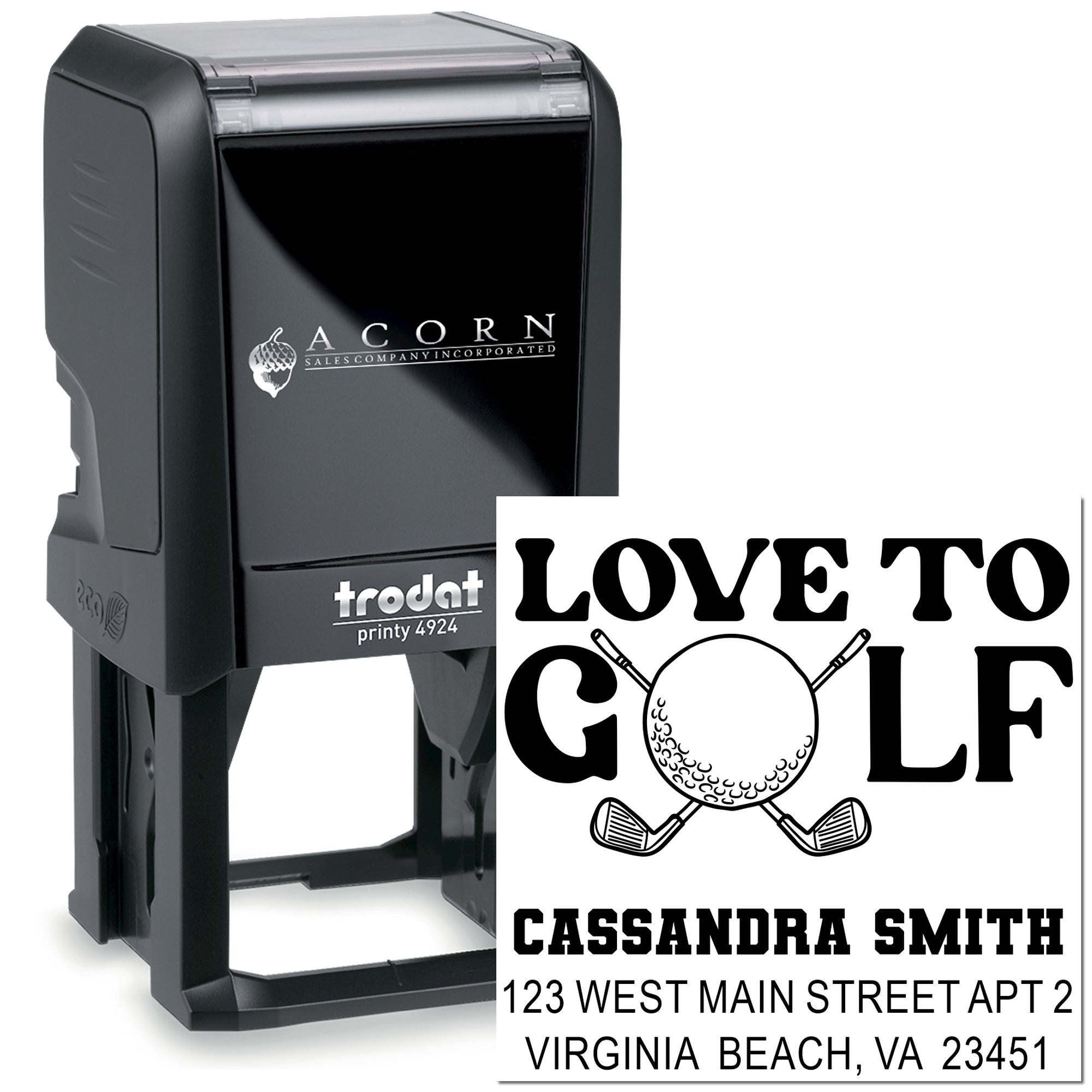 Custom self-inking golf return address rubber stamp with personalized name and address for mailing.