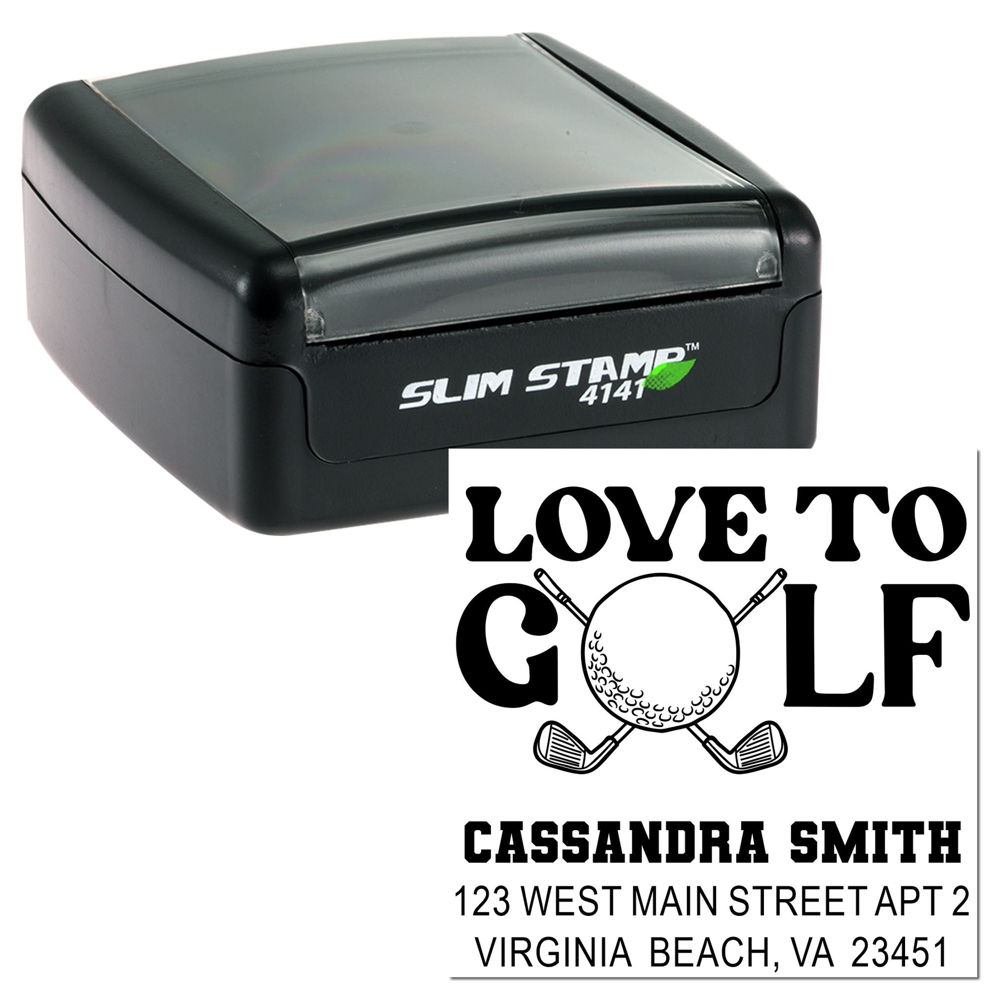 Custom self-inking golf rubber stamp with Slim Stamp 4141 case, personalized Love to Golf address stamp for mailing labels.