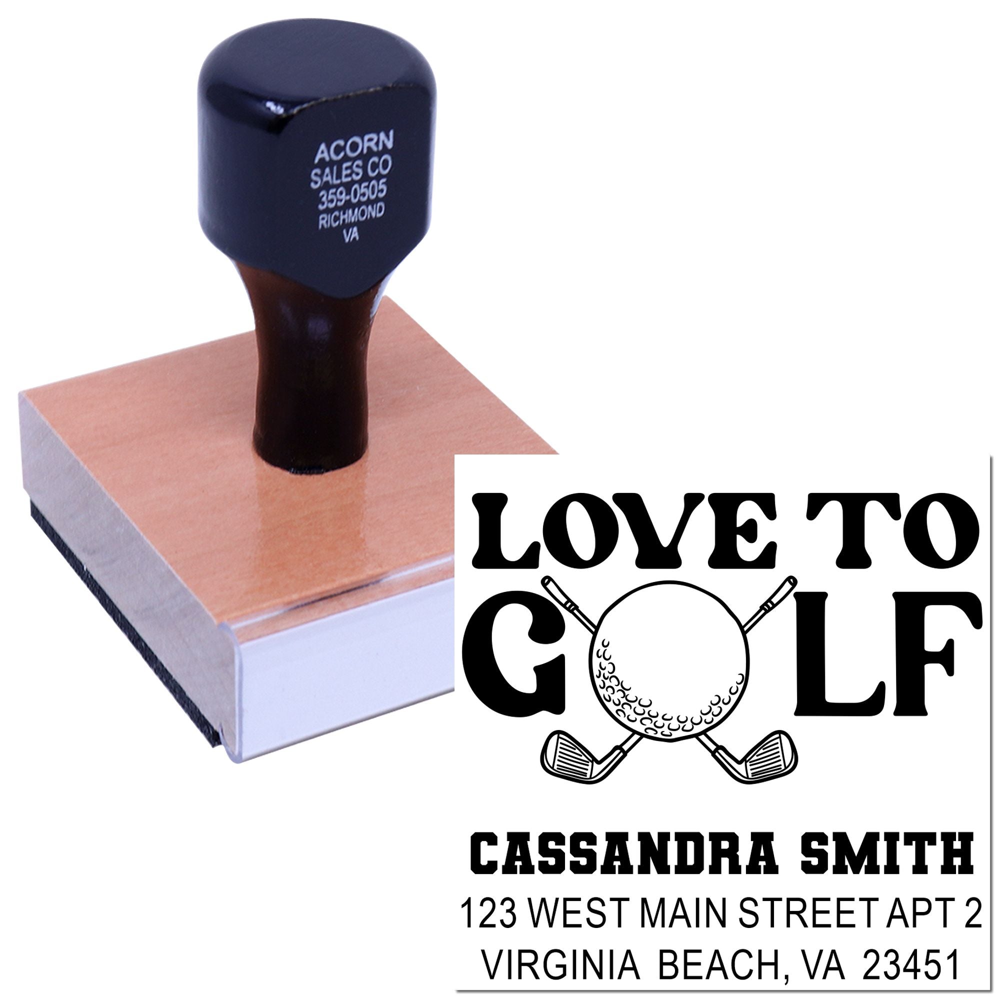 Personalized golf address rubber stamp with custom name, street address, and golf logo for stationery or event use.