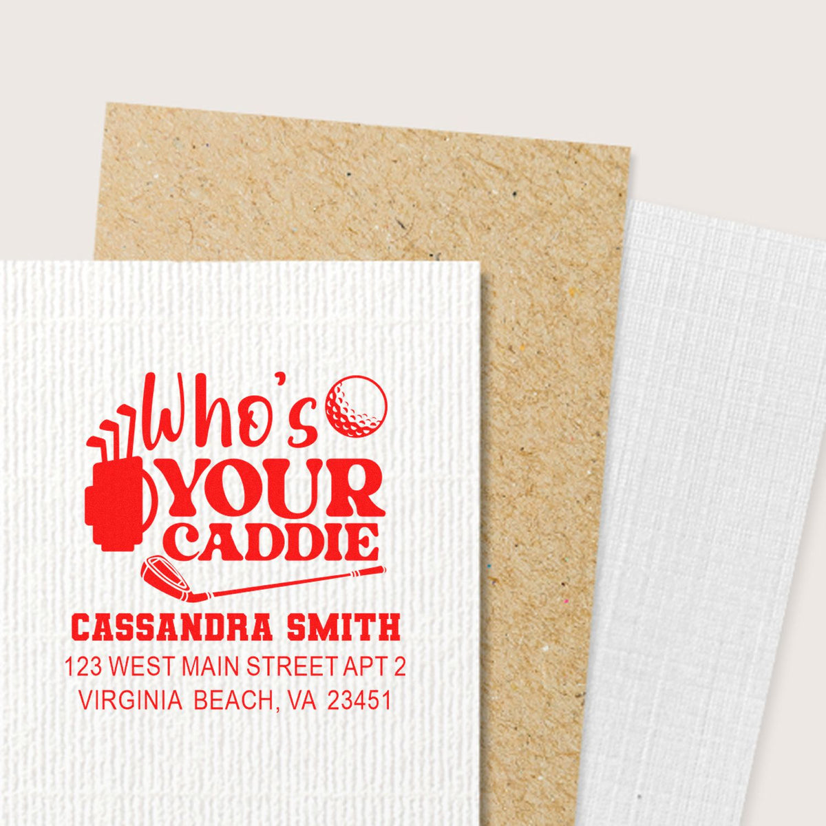 Custom golf address rubber stamp with Whos Your Caddie design, name, and Virginia Beach address on textured paper.