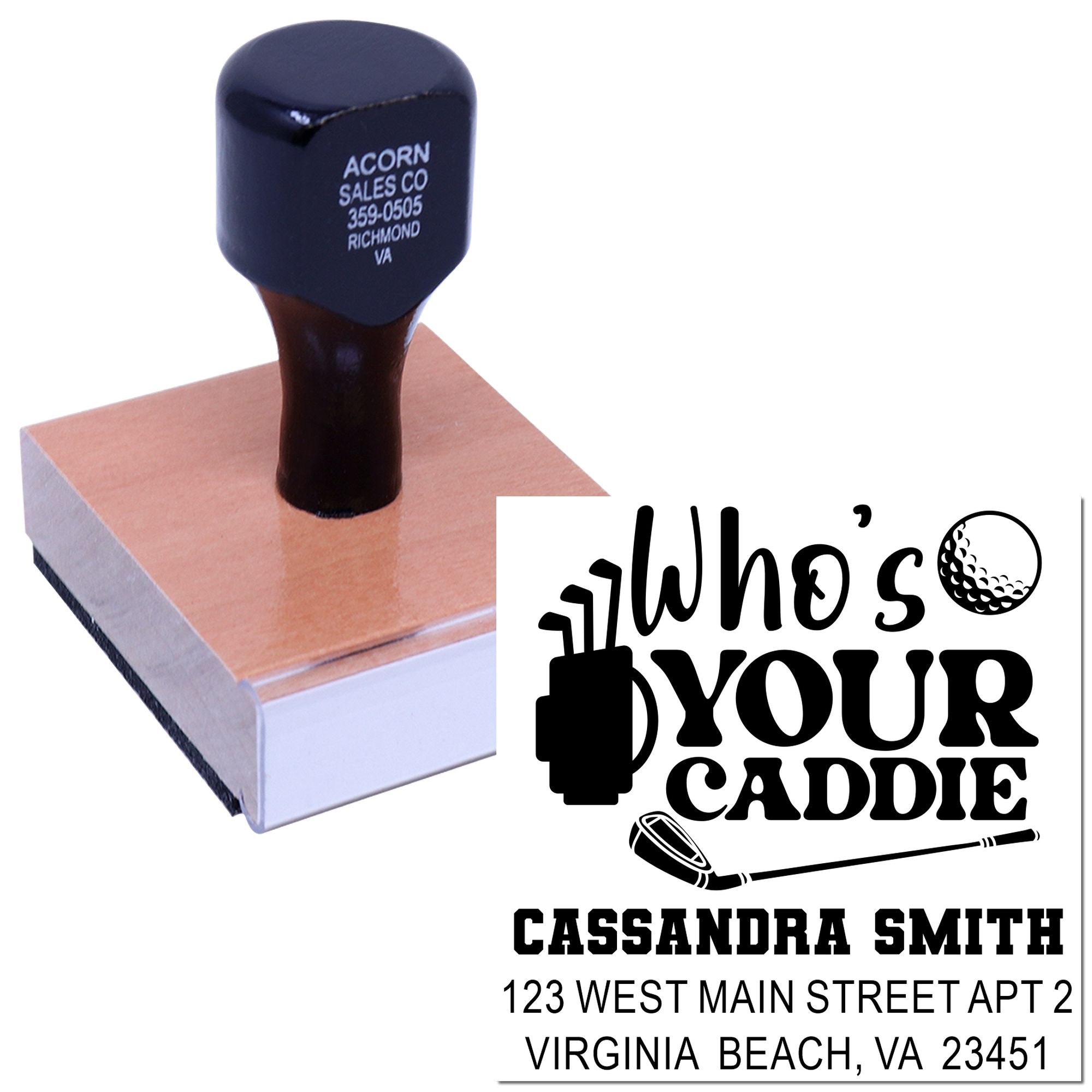 Personalized golf rubber stamp with Whos Your Caddie design, name, and return address for Virginia Beach, VA.