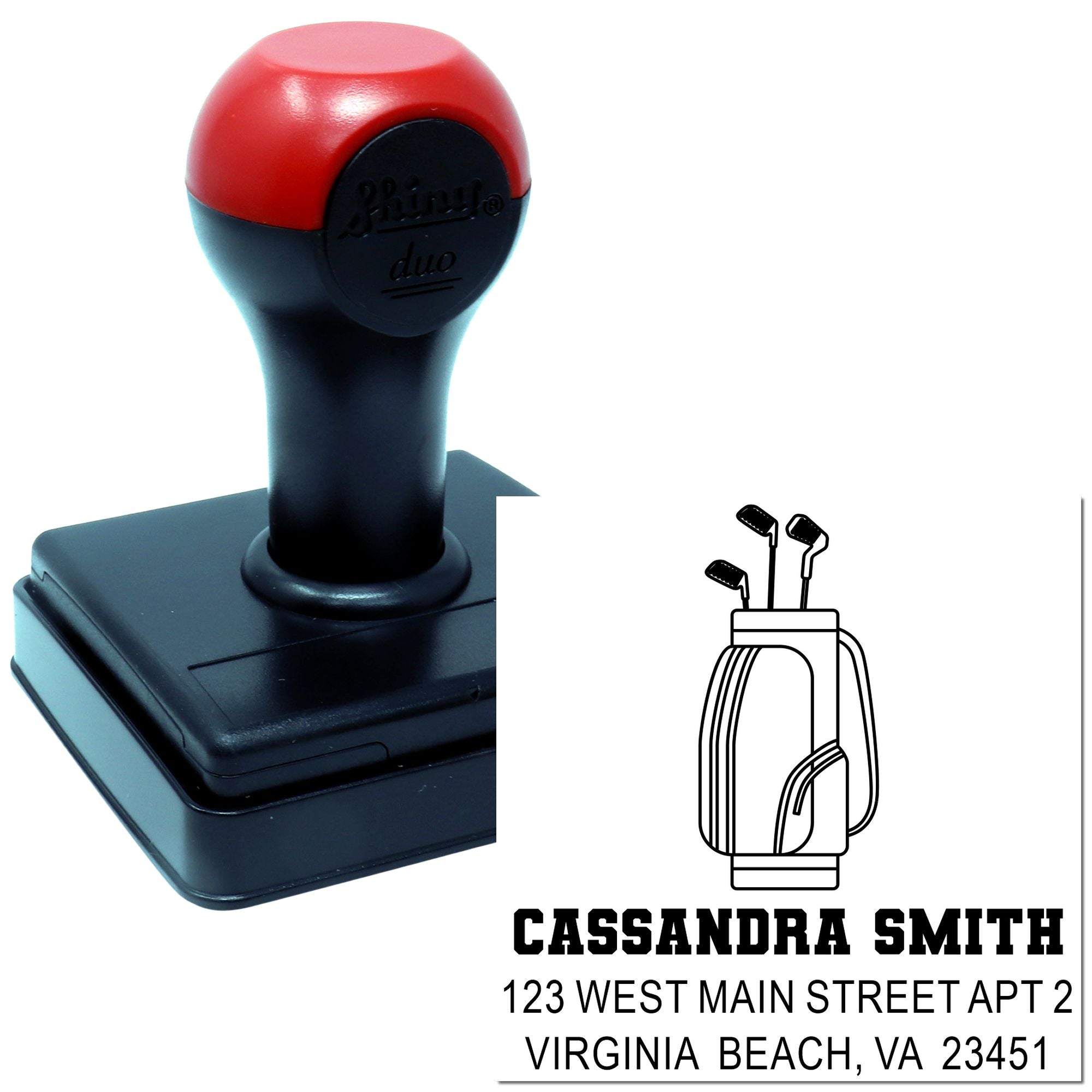 Custom self-inking rubber stamp with golf bag design, name, and address for personalized mailing or branding.