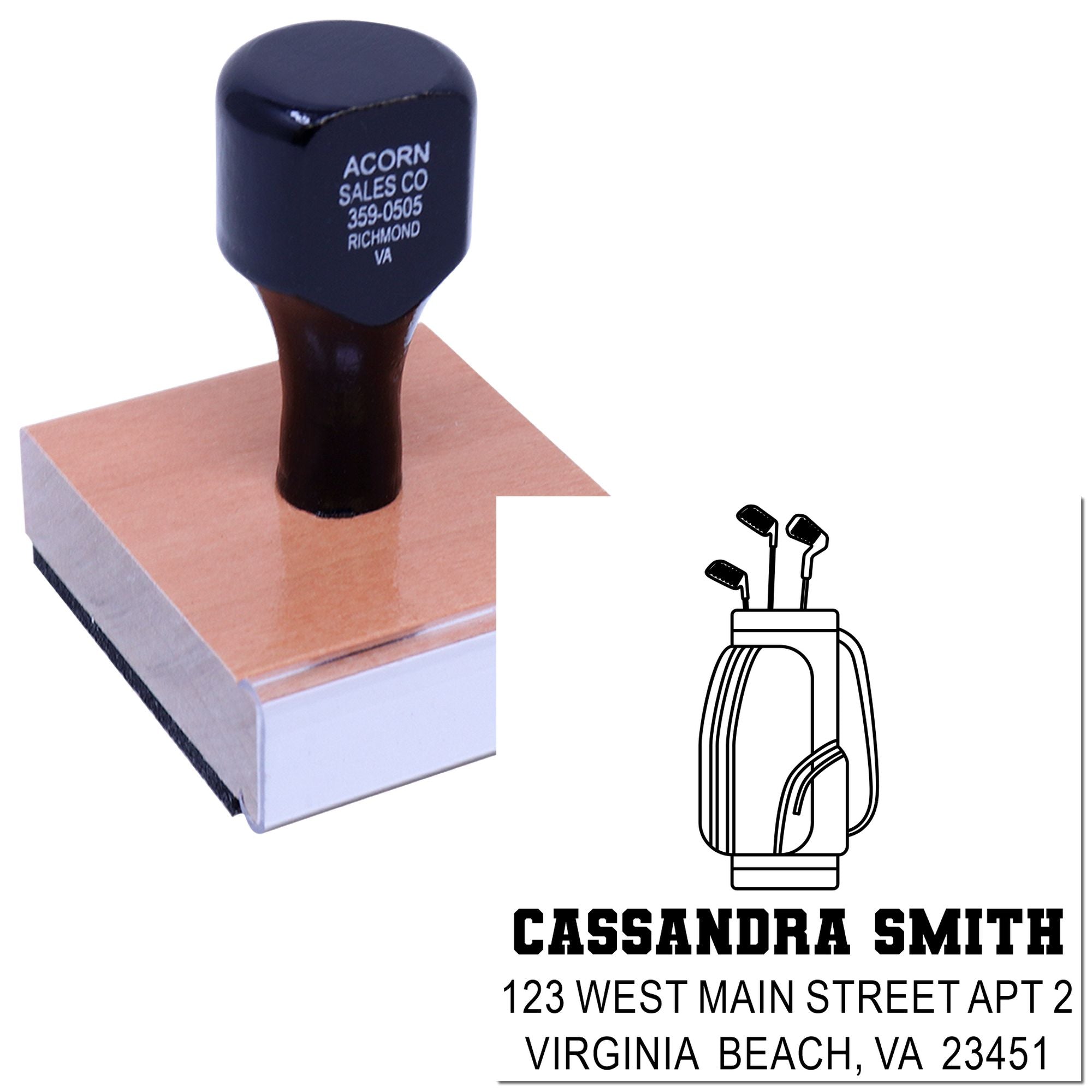 Custom rubber stamp sample for business and address use, with personalized name, phone number, and mailing address.