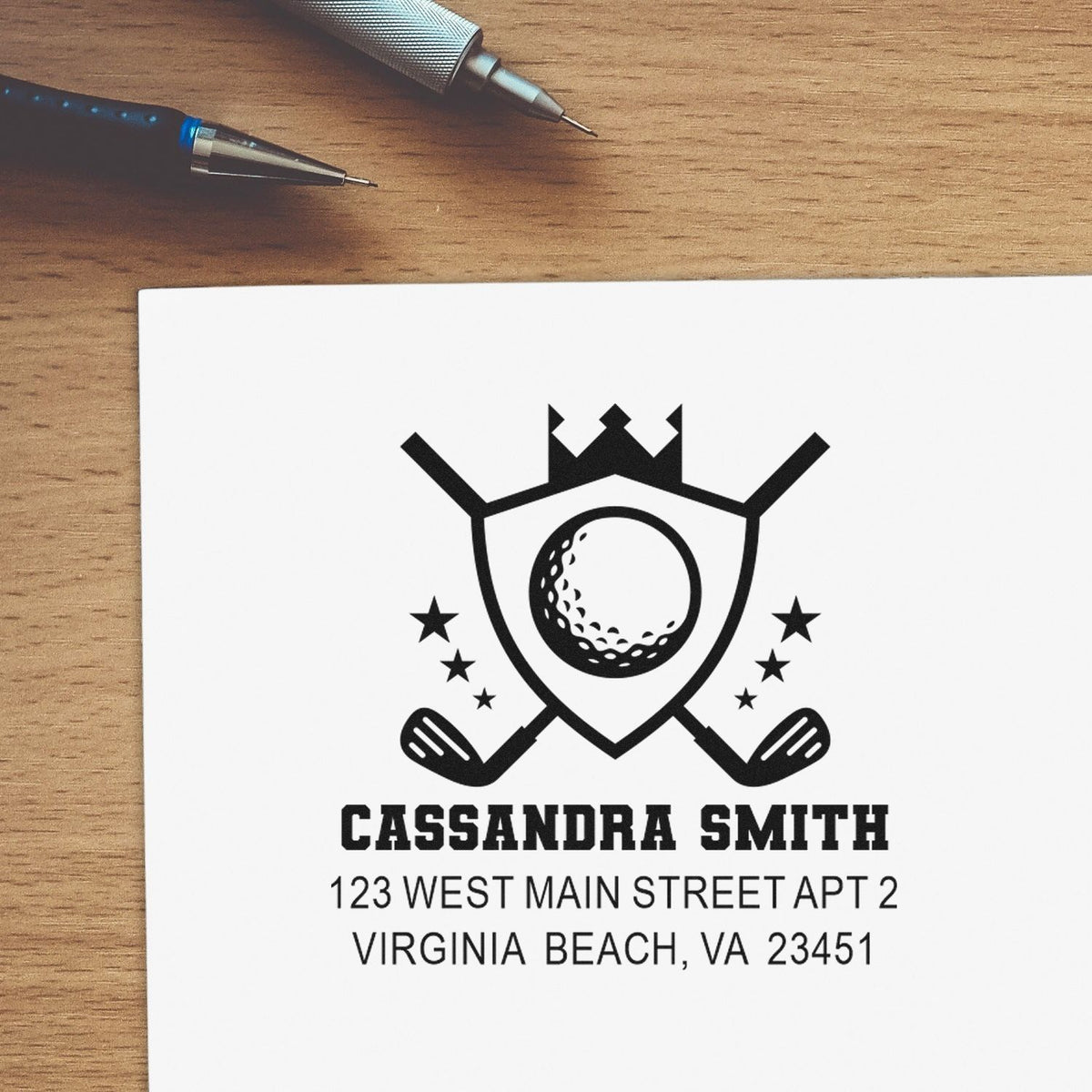 Custom golf return address rubber stamp with personalized name, address, and golfer logo for mailing.